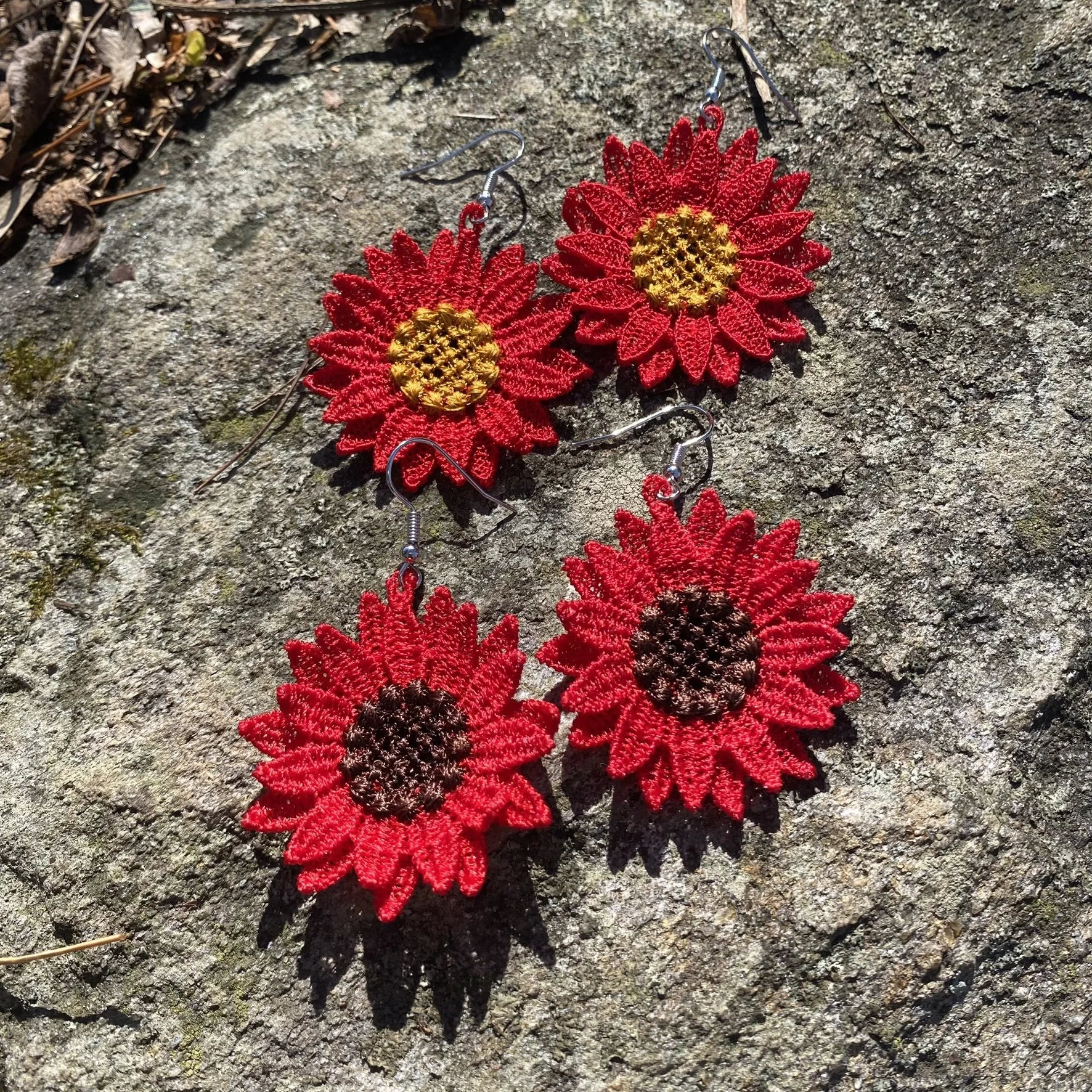 Red Daisy Handmade Embroidered Earrings
