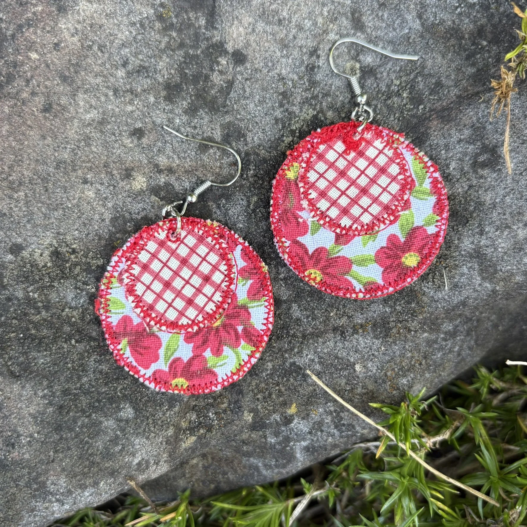 Upcycled Red Daisy Handmade Fabric Scrap Circle Earrings
