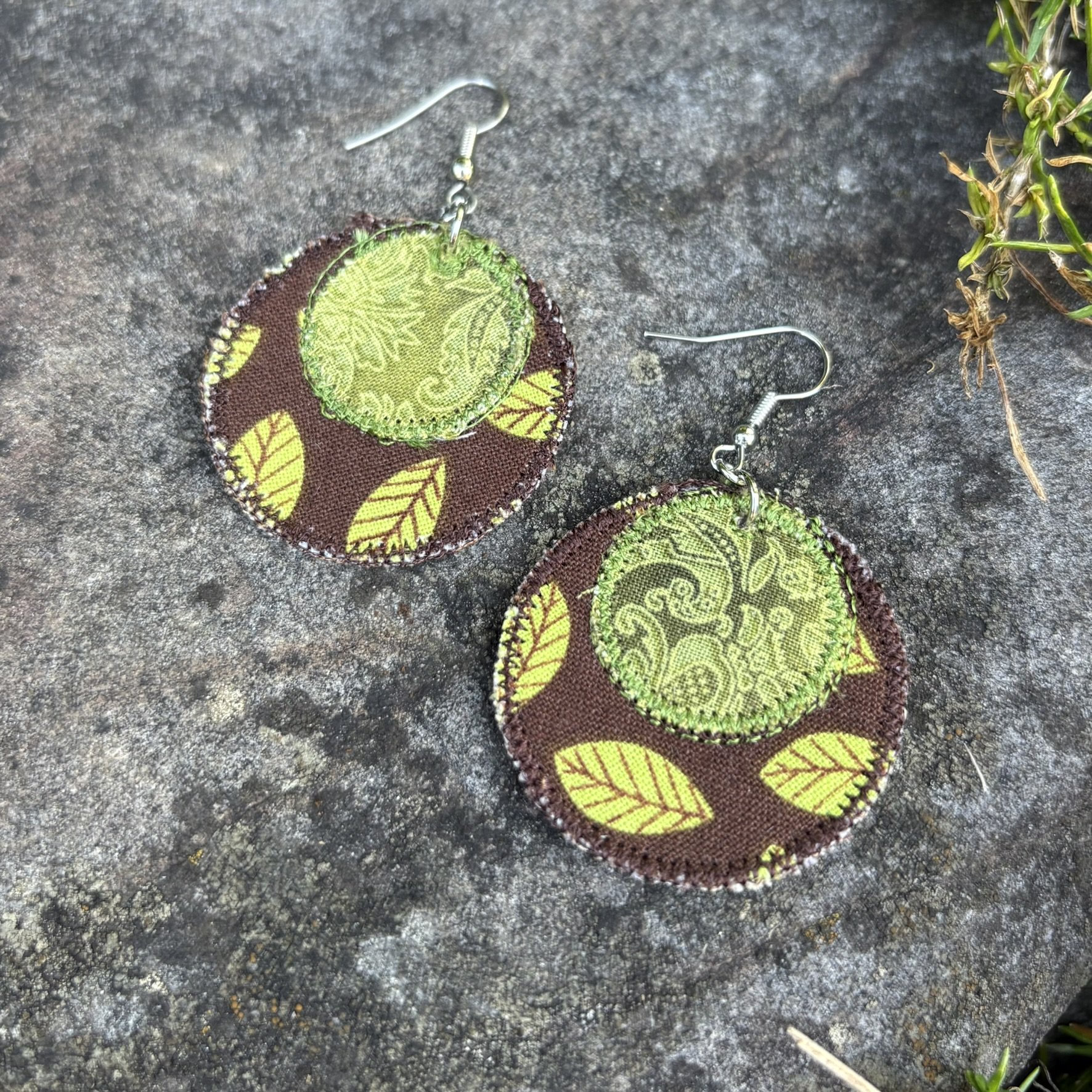 Upcycled Ivy & Leaf Handmade Fabric Scrap Circle Earrings