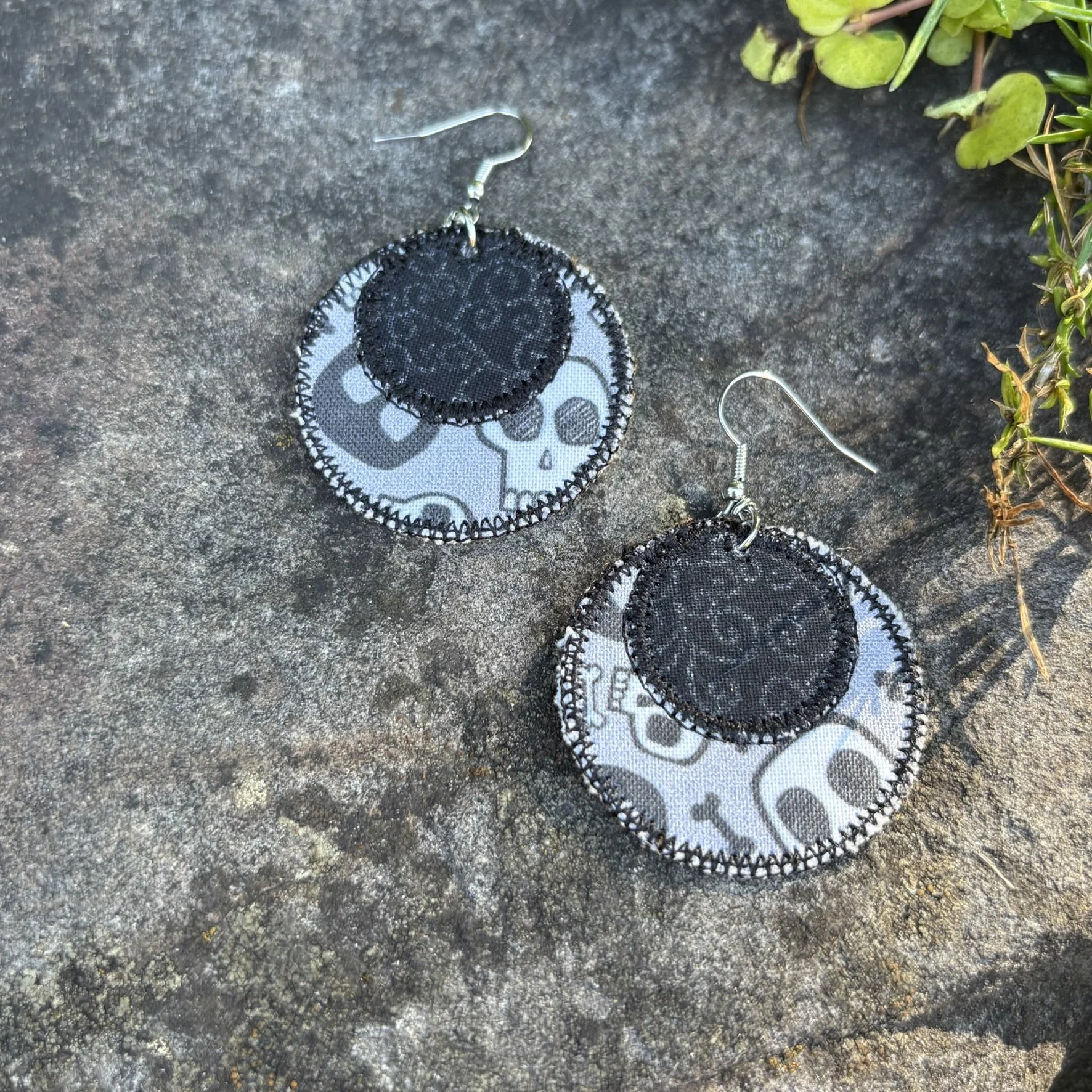 Upcycled Skull Handmade Fabric Scrap Circle Earrings