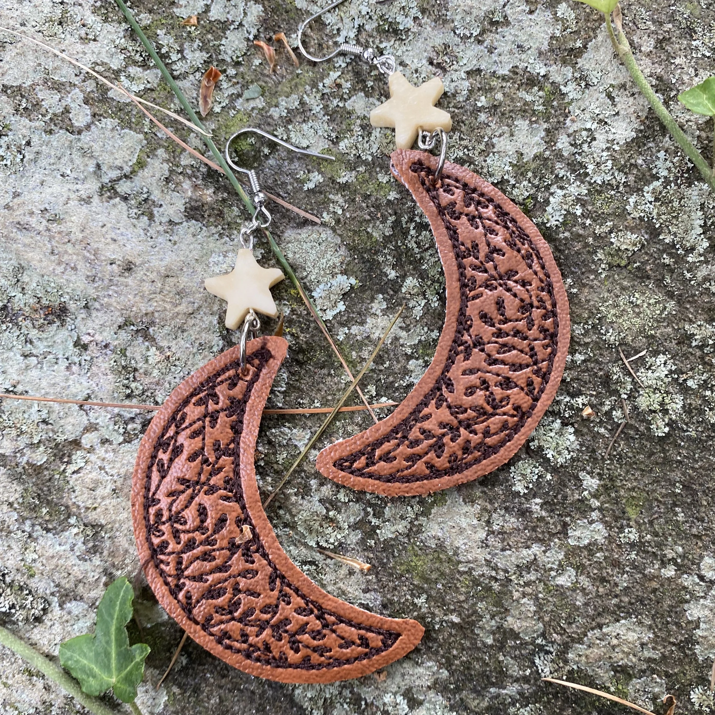Upcycled Embroidered Moon Handmade Earrings - COMING SOON!