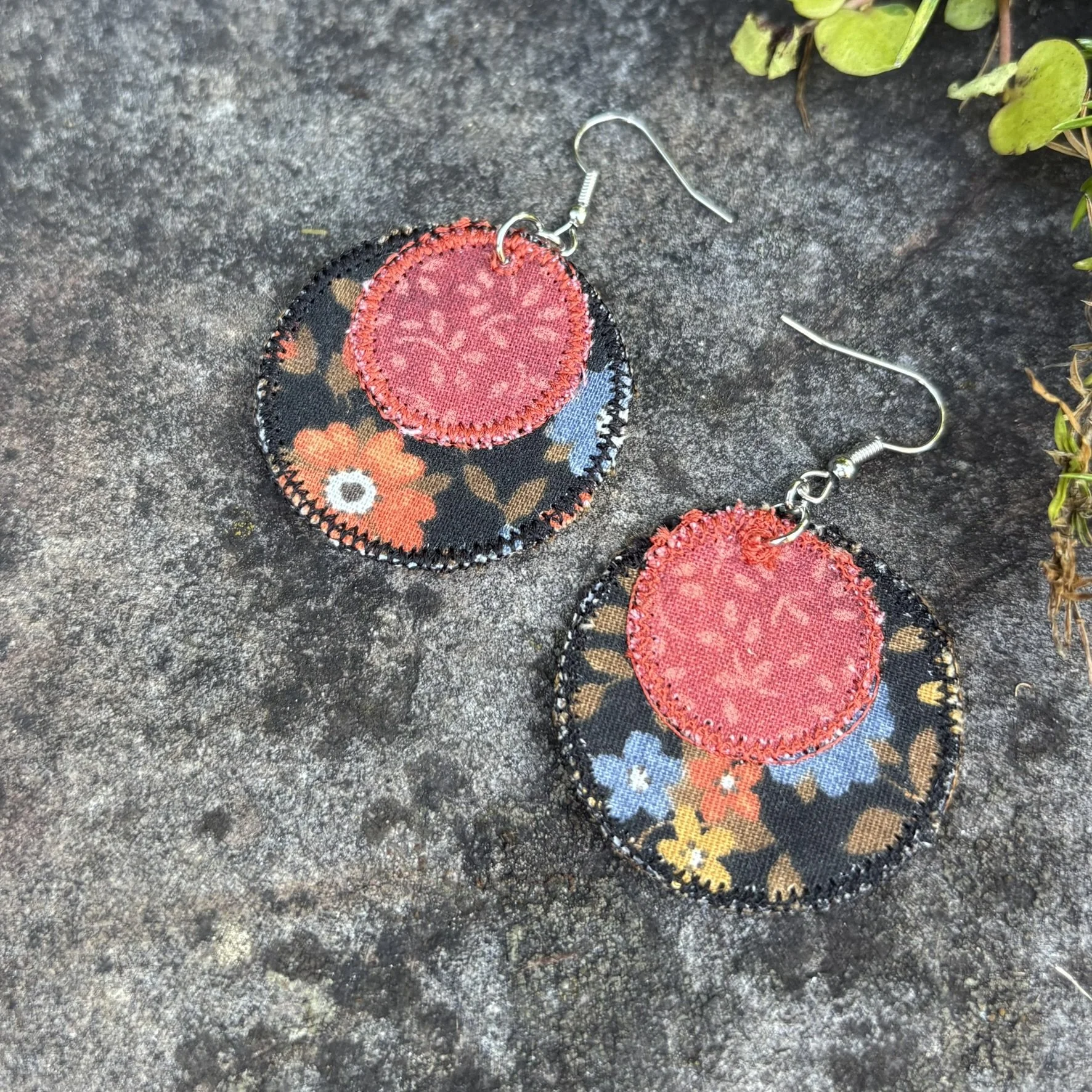 Upcycled Autumn Flowers in Black Handmade Fabric Scrap Circle Earrings - COMING SOON!