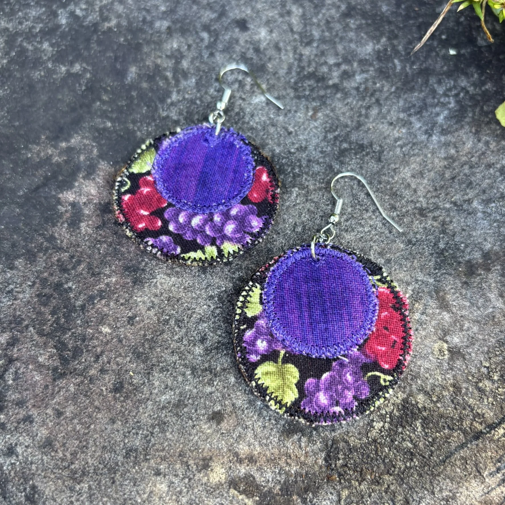 Upcycled Grape Handmade Fabric Scrap Circle Earrings