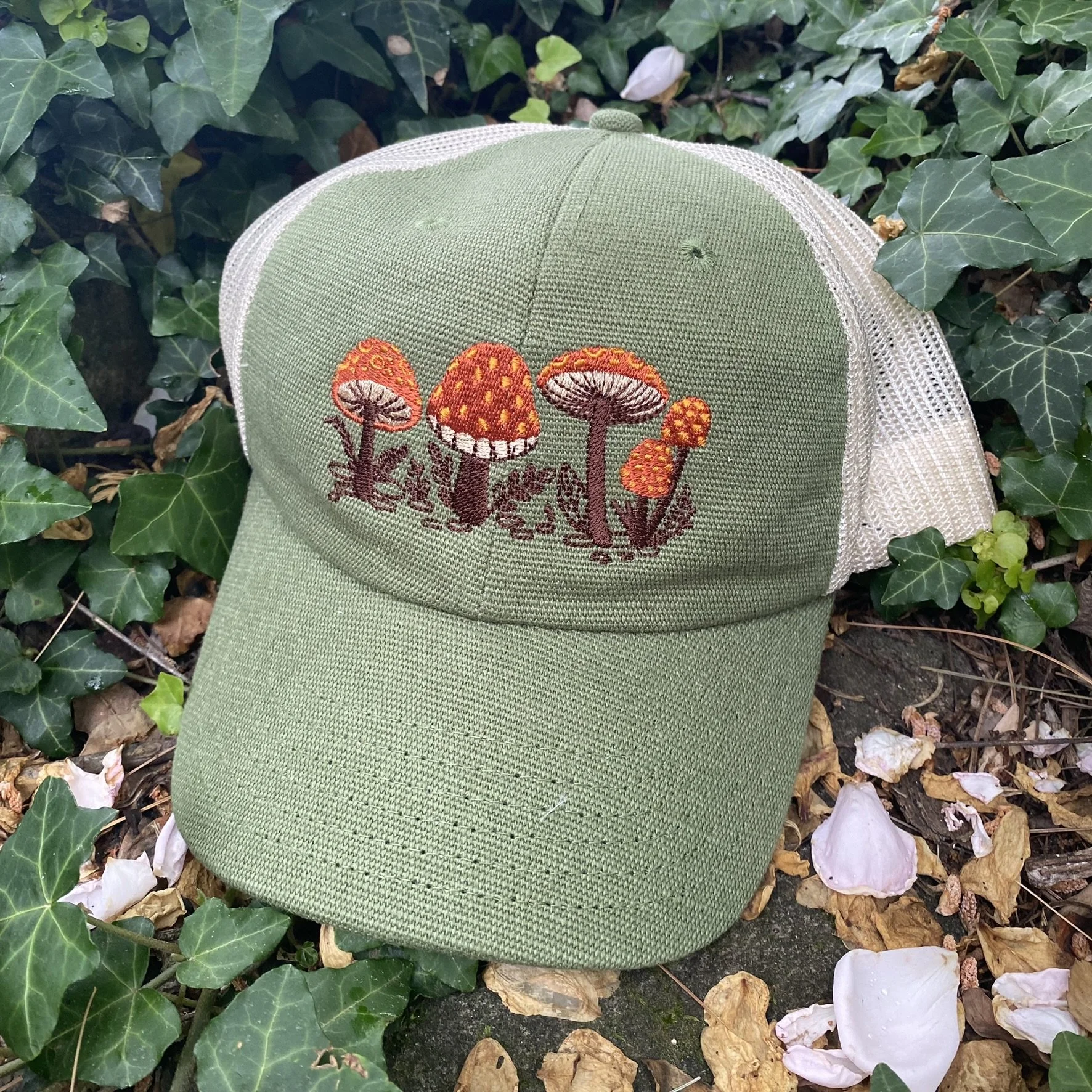 Earthy Retro Mushrooms Embroidered Hemp Hat