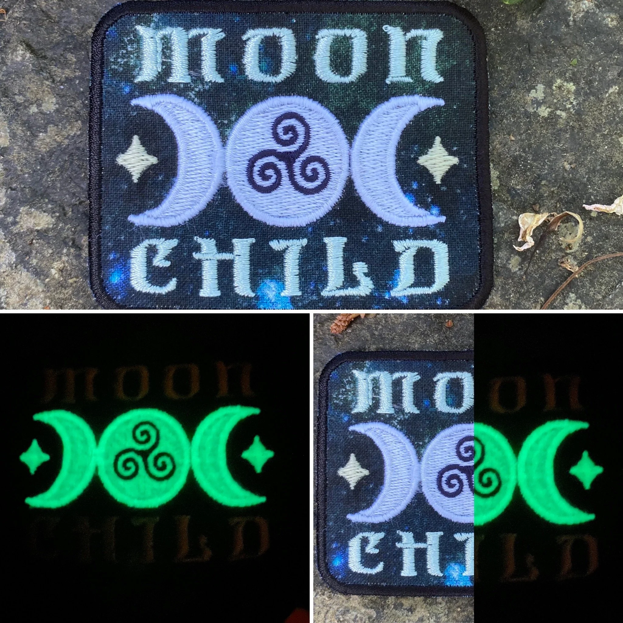 Moon Child Handmade iron-on Glow in the Dark embroidered patch