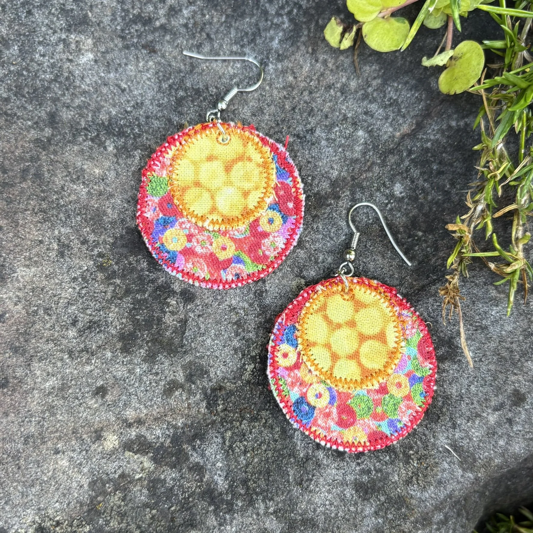 Upcycled Honeycomb Handmade Fabric Scrap Circle Earrings