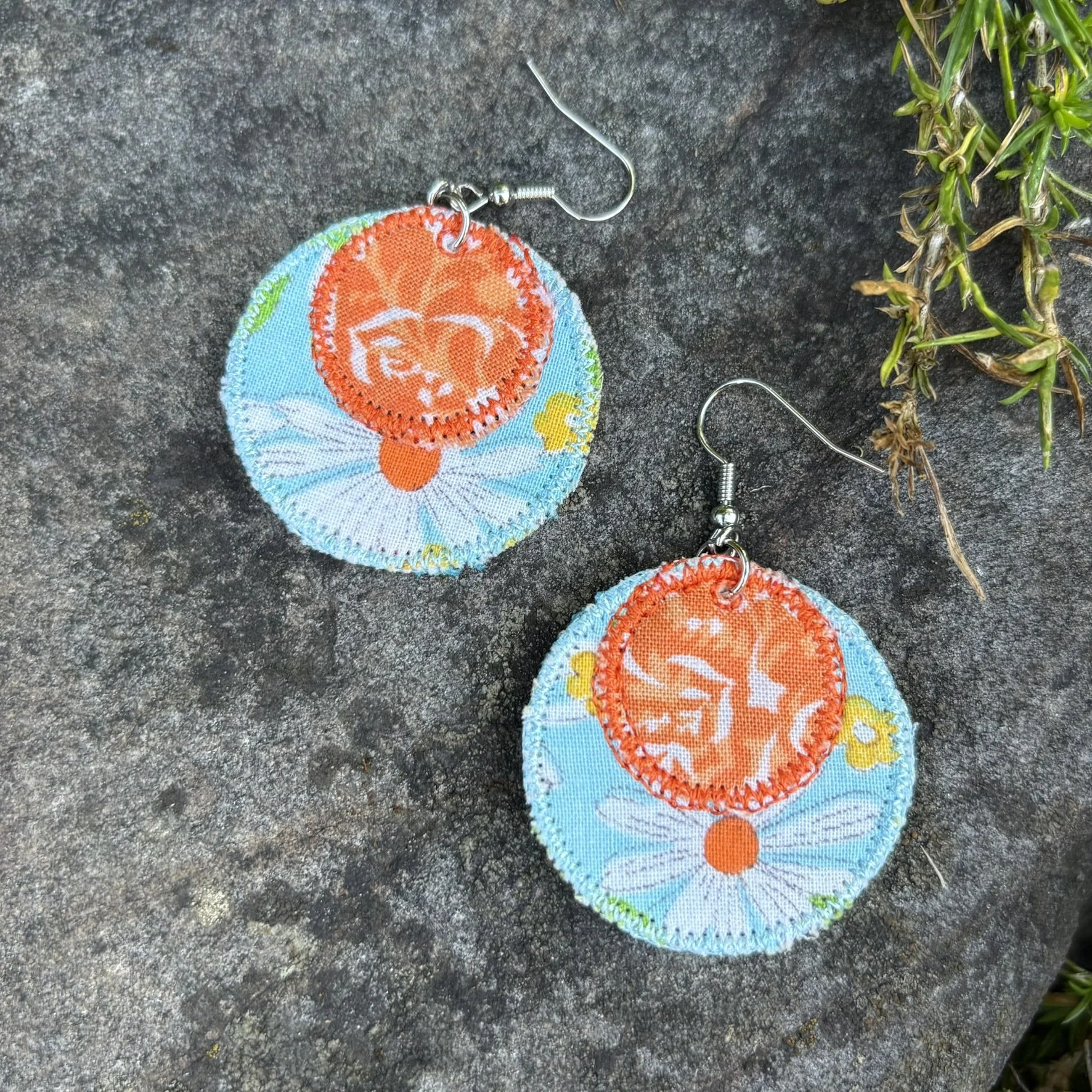 Upcycled Retro Daisy Handmade Fabric Scrap Circle Earrings