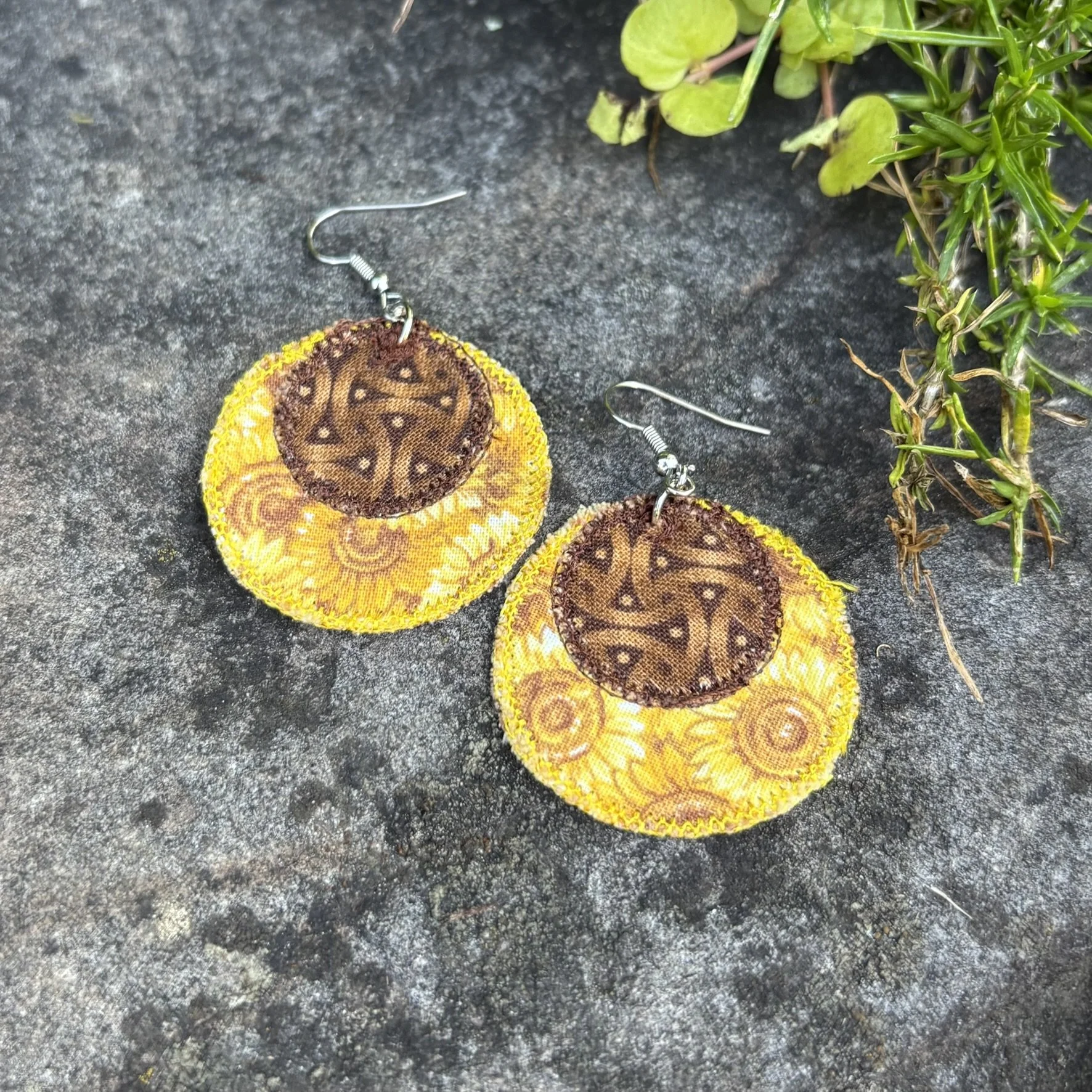 Upcycled Sunflower Handmade Fabric Scrap Circle Earrings