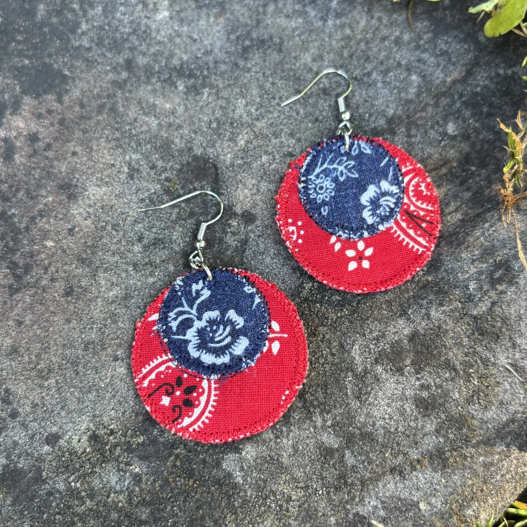 Upcycled Bandana in Red Handmade Fabric Scrap Circle Earrings