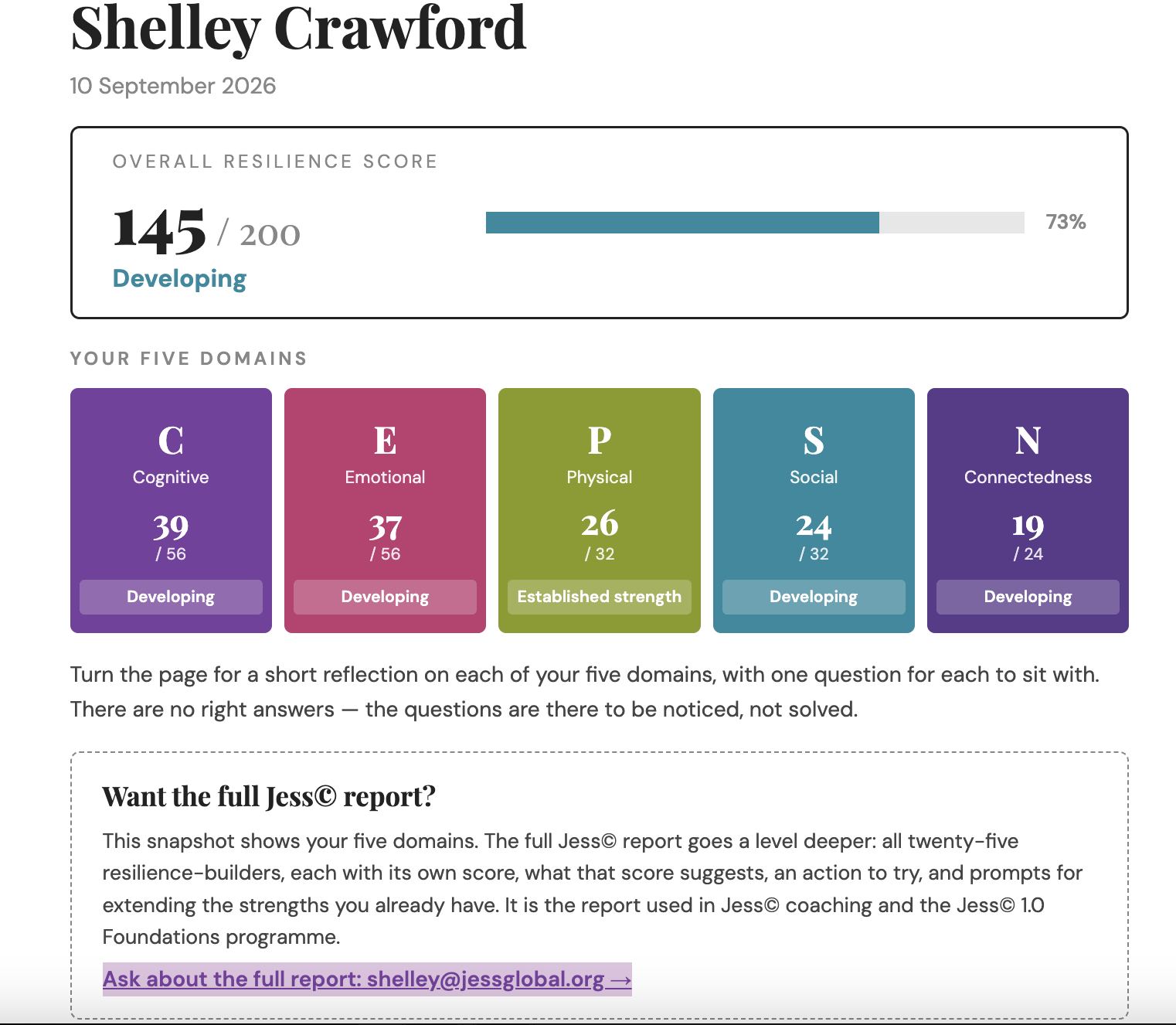 Jess© Resilience-Building Strengths Snapshot Report