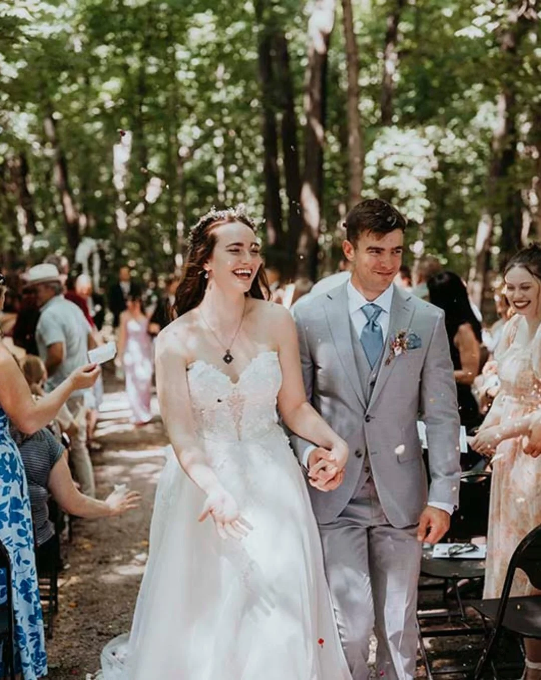 This intimate backyard wedding took place on the very property where the bride grew up, with a ceremony tucked deep into the woods beneath a canopy of trees. Dappled sunlight filtered through the leaves, happy tears flowed freely, and every hug felt 