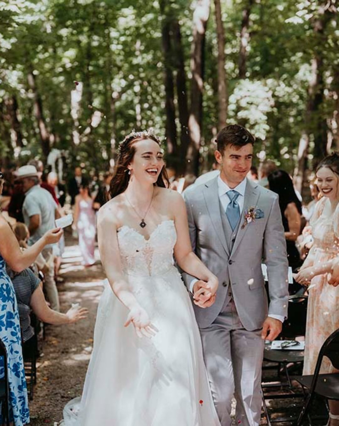 This intimate backyard wedding took place on the very property where the bride grew up, with a ceremony tucked deep into the woods beneath a canopy of trees. Dappled sunlight filtered through the leaves, happy tears flowed freely, and every hug felt 