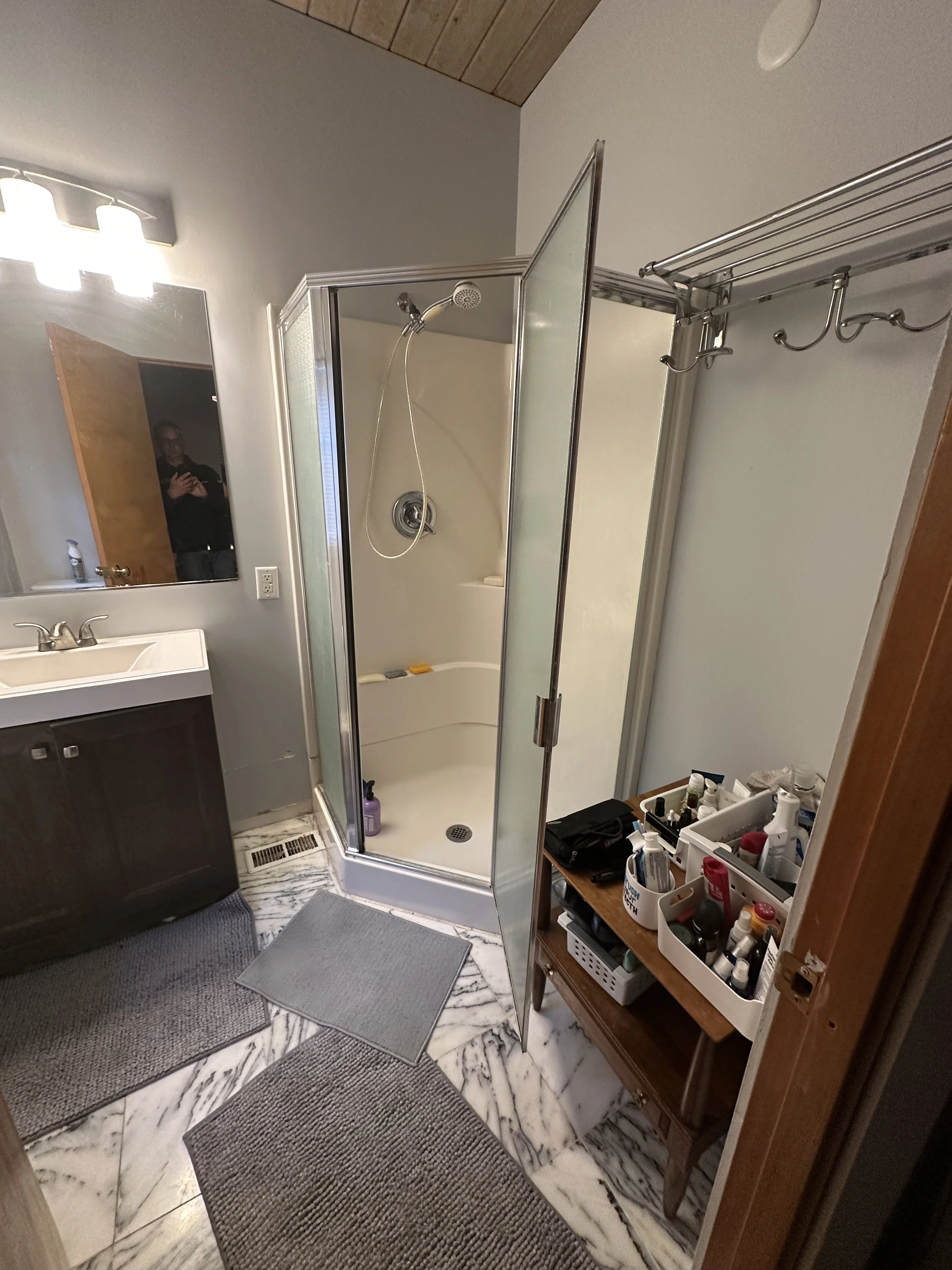 Before photo of dated bathroom