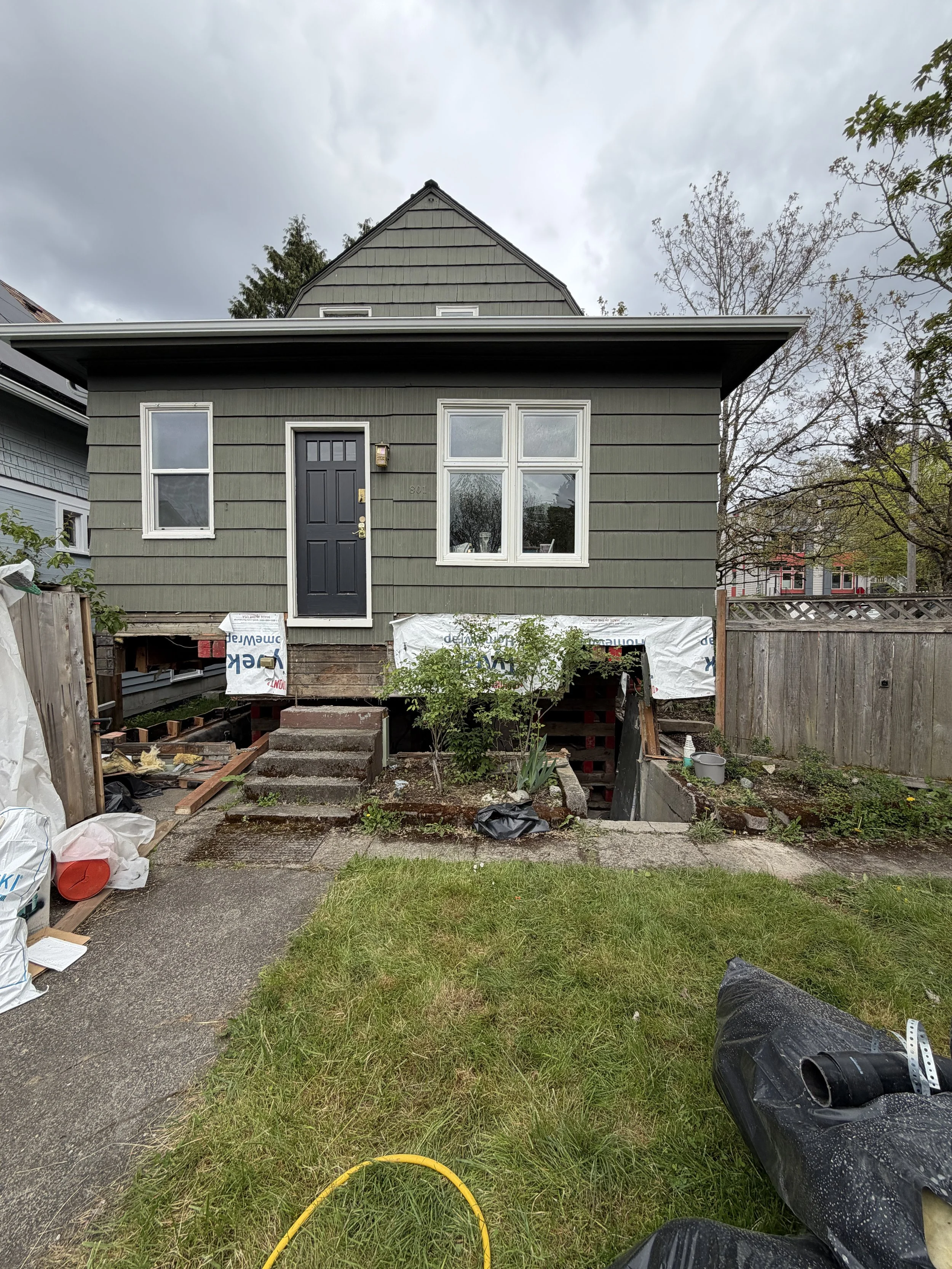 House lifted 2 feet with cribbing and supports