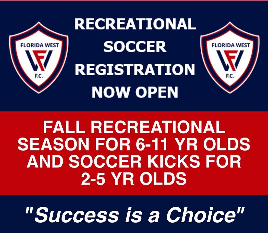 Don&rsquo;t miss out on our Recreational Fall Soccer Season at our North Fort Myers, Naples and Cape Coral Campuses. Registration Deadline August 14th. Visit www.floridawestfc.com/recreational for more info and to register. #1inSWFL #FLWestFC #Succes