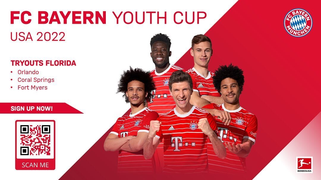 Mark your Calendars for this coming Sunday August 7th. Six time Champions League Winner 🏆 FC Bayern Munich returning to the US after Covid and SWFL is front and center. Sign up to tryout and a Chance to win a FREE TRIP to Munich. All participants re