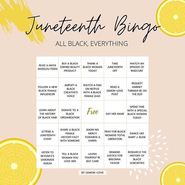 A little Juneteenth Bingo while you&rsquo;re celebrating ✨ We&rsquo;re kicking it heavy this Juneteenth, and will soon be turning alllll the way up! I&rsquo;d you get BINGO please post to your stories and tag us, and don&rsquo;t forget to be Blackity