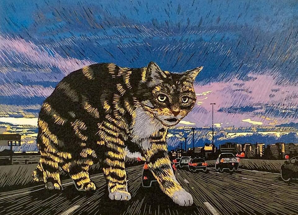    Central Expressway Cat   2019  Reduction linocut  11 x 17.75” 