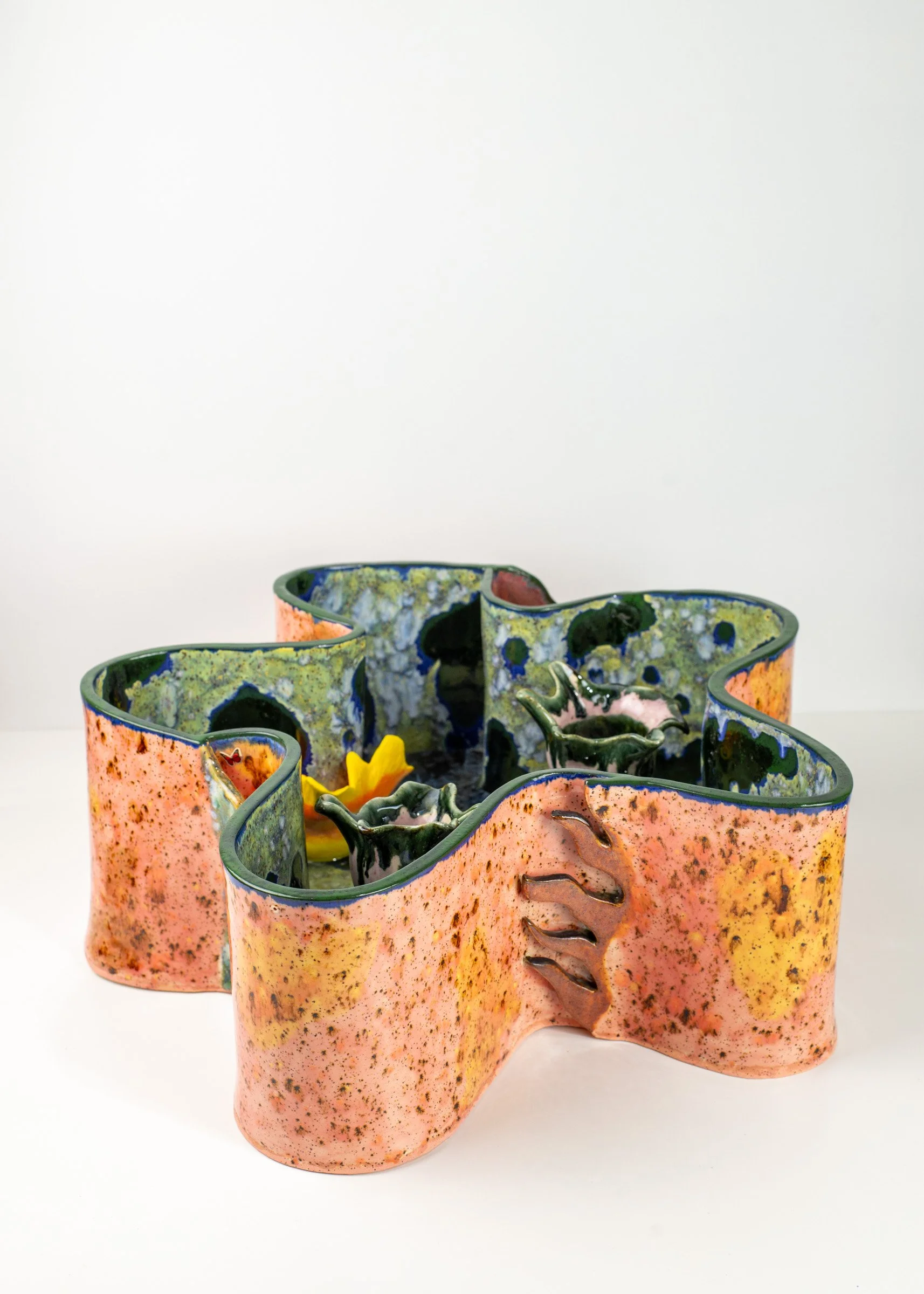 we have crushed the scales, released the snails, 2023; glazed stoneware, resin, aluminum wire, archival prints on transparency, green lacewing, aluminum sticker, 18.5 x 19.5 x 6.5 inches