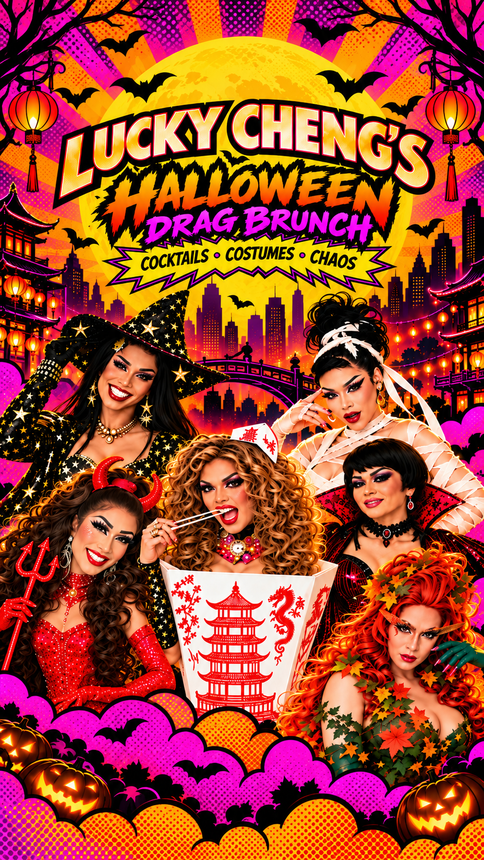 Colorful Halloween-themed poster advertising Lucky Cheng's Halloween Drag Brunch with drag queens dressed in costumes of witches, devils, and other characters, set against a NYC city skyline with a full moon, bats, pumpkins, and lanterns.