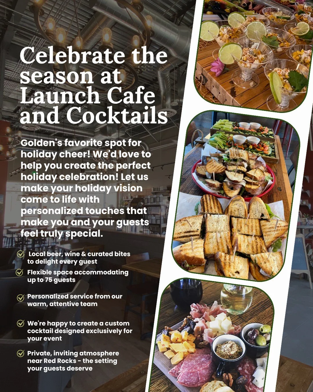 🎉 Make your holiday party memorable at Launch Espresso! 🎉
✔️ Typically no venue fee
✔️ Up to 75 guests
✔️ Customize it your way
DM or visit the link in our bio to book your date! Tag your coworker or friend to start planning!

#LaunchCoffee #Golden