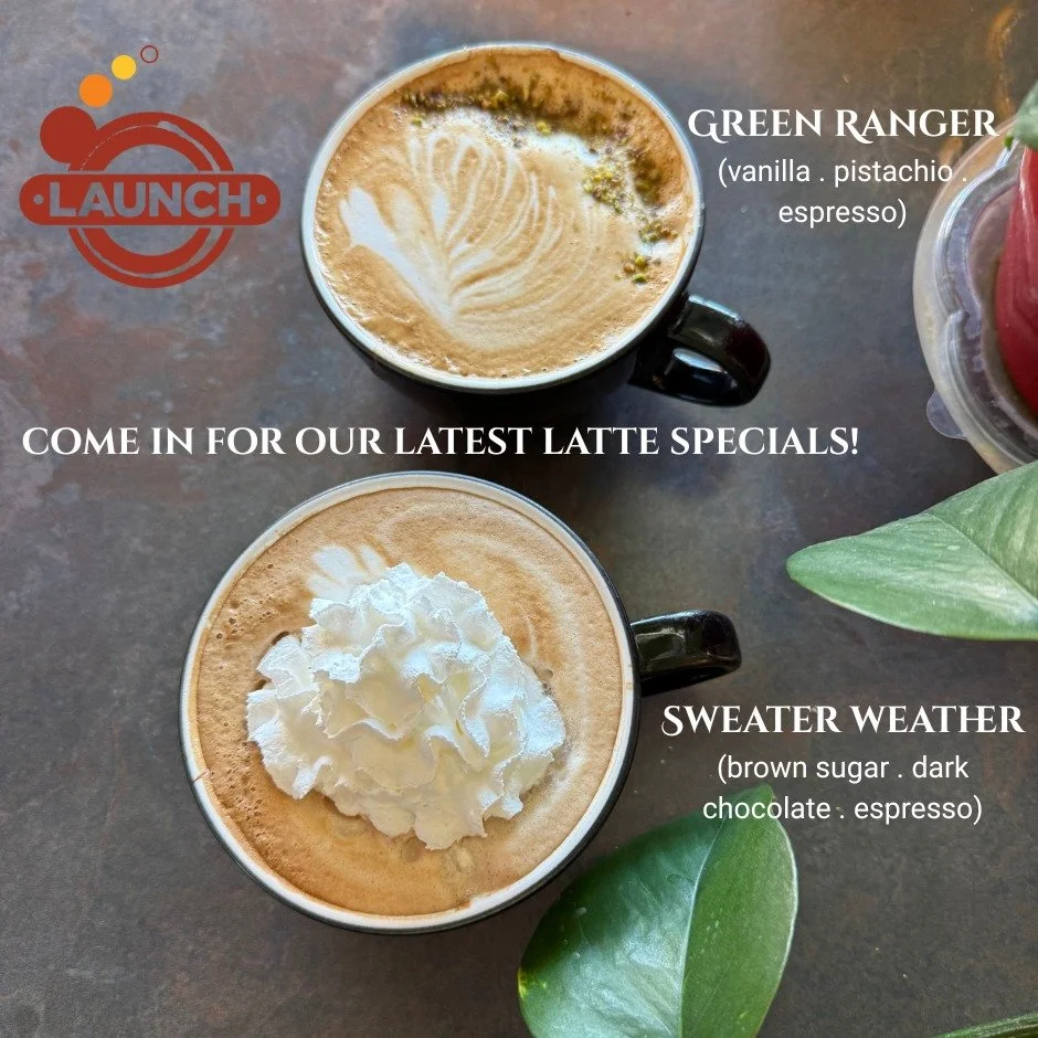 Com in for our latest latte specials! Green Ranger has real crushed pistachios on top for a delectable depth of flavor... and we're bringing back our delicious mocha Sweater Weather... in hopes that we get some! All are available with alternative mil