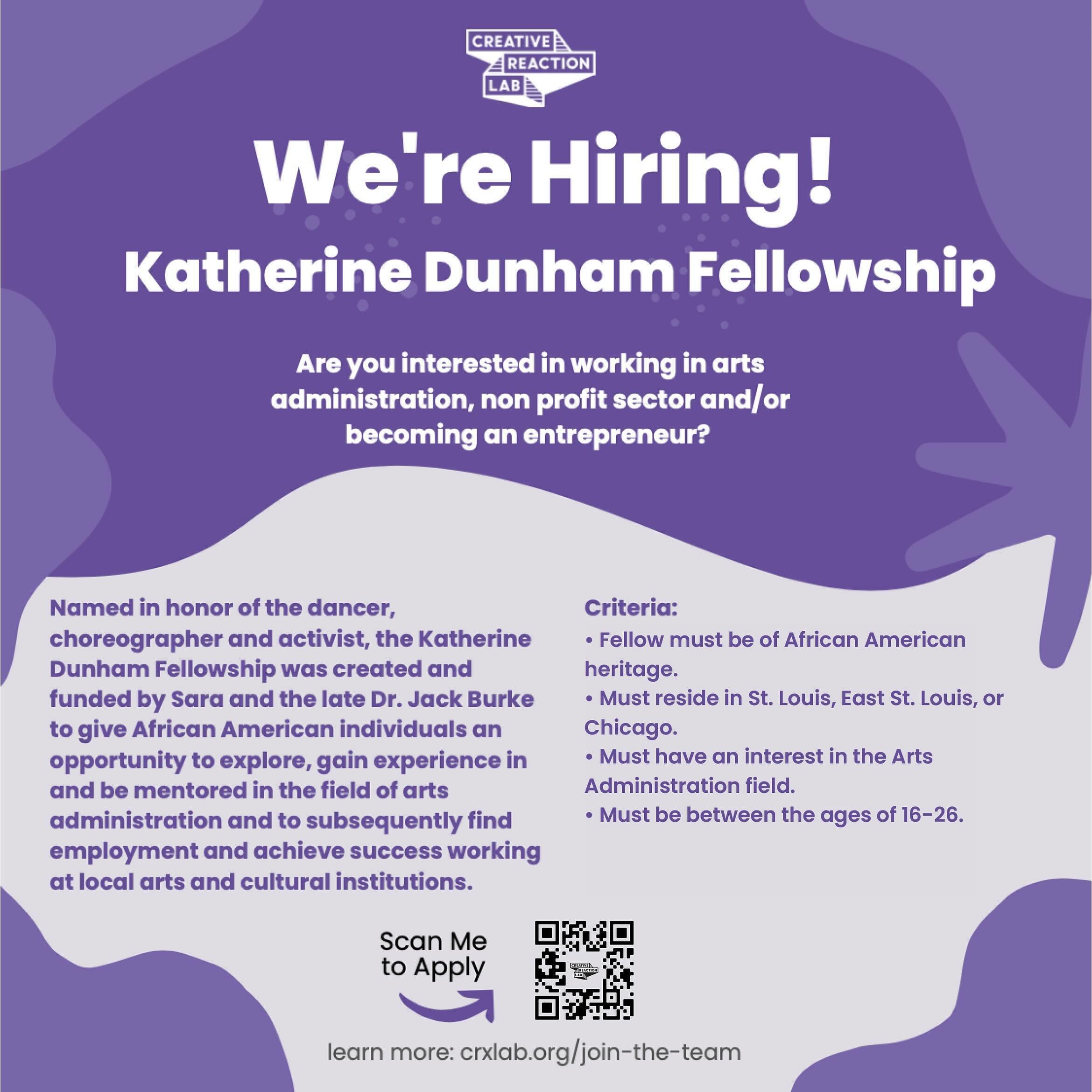 Are you interested in working in the art administration, non profit sector or becoming an entrepreneur?

CRXLAB is hiring a Summer Fellow/Intern! Named in honor of the legendary dancer, choreographer and activist, the Katherine Dunham Fellowship was 