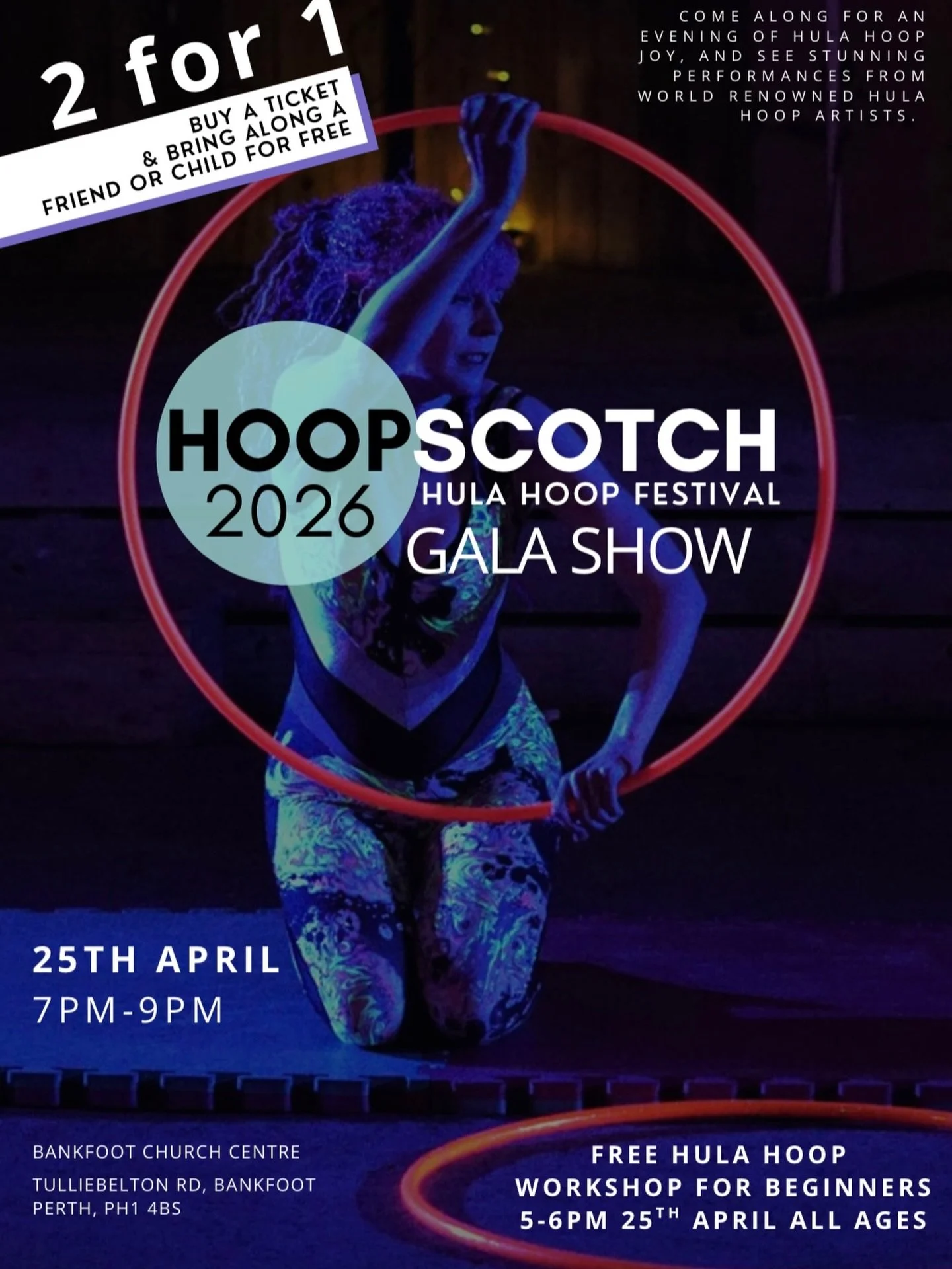 We are happy to share that this weekend thanks to our friends at @thinkcircus on Saturday 25th April there is some community fun on offer!

A free beginners hula hoop workshop for all ages is on at 5-6pm at Bankfoot Church.

And there is 2-4-1 ticket