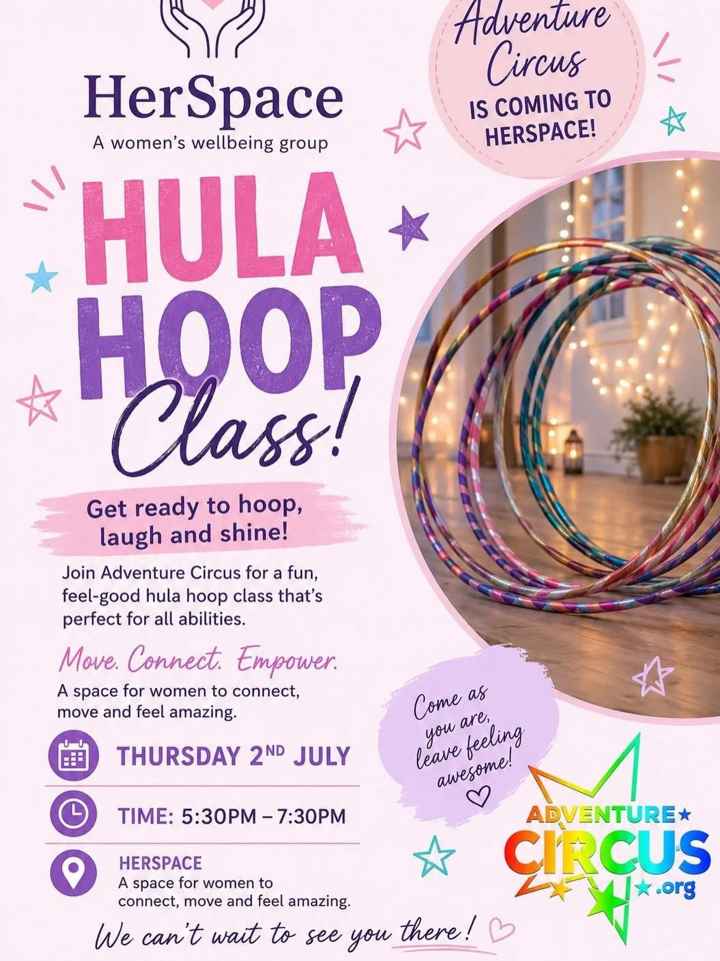 HERSPACE X ADVENTURE CIRCUS 🩷✨

Get ready to hoop, laugh and shine with our lovely hooper-star Suzi D! 🌈

Suzi is excited to visit HerSpace to deliver a fantastic Hula Hoop Class on Thursday 2nd July from 5:30pm &ndash; 7:30pm.

Whether you&rsquo;v