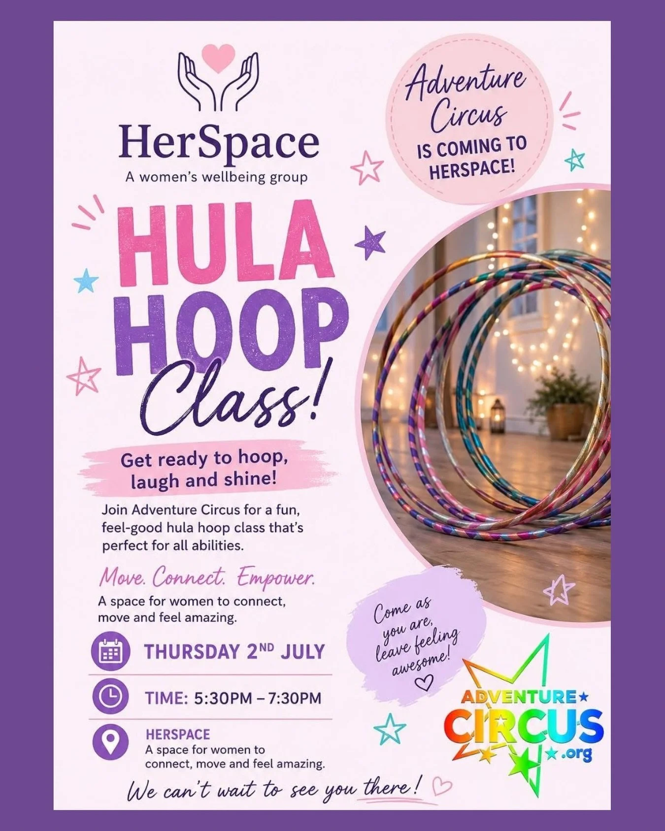 TONIGHT! 

Hula Hooping is coming to HerSpace and promises to be an evening full of fun, laughter and movement with our fabulous instructor Suzi Dennis 🩷✨

Whether you&rsquo;ve never picked up a hula hoop before or you&rsquo;re already a pro, this s