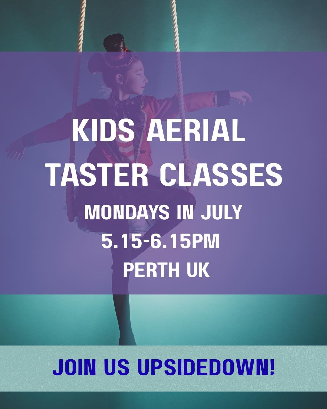 We have three taster sessions coming up for children age 6-12years to try aerial skills! 

🟣 Monday 5.15-6.15pm 

🟣 6th, 13th and 20th July 

🟣 Only &pound;10 per child

A perfect chance to try our classes before our new term begins in August! 

B