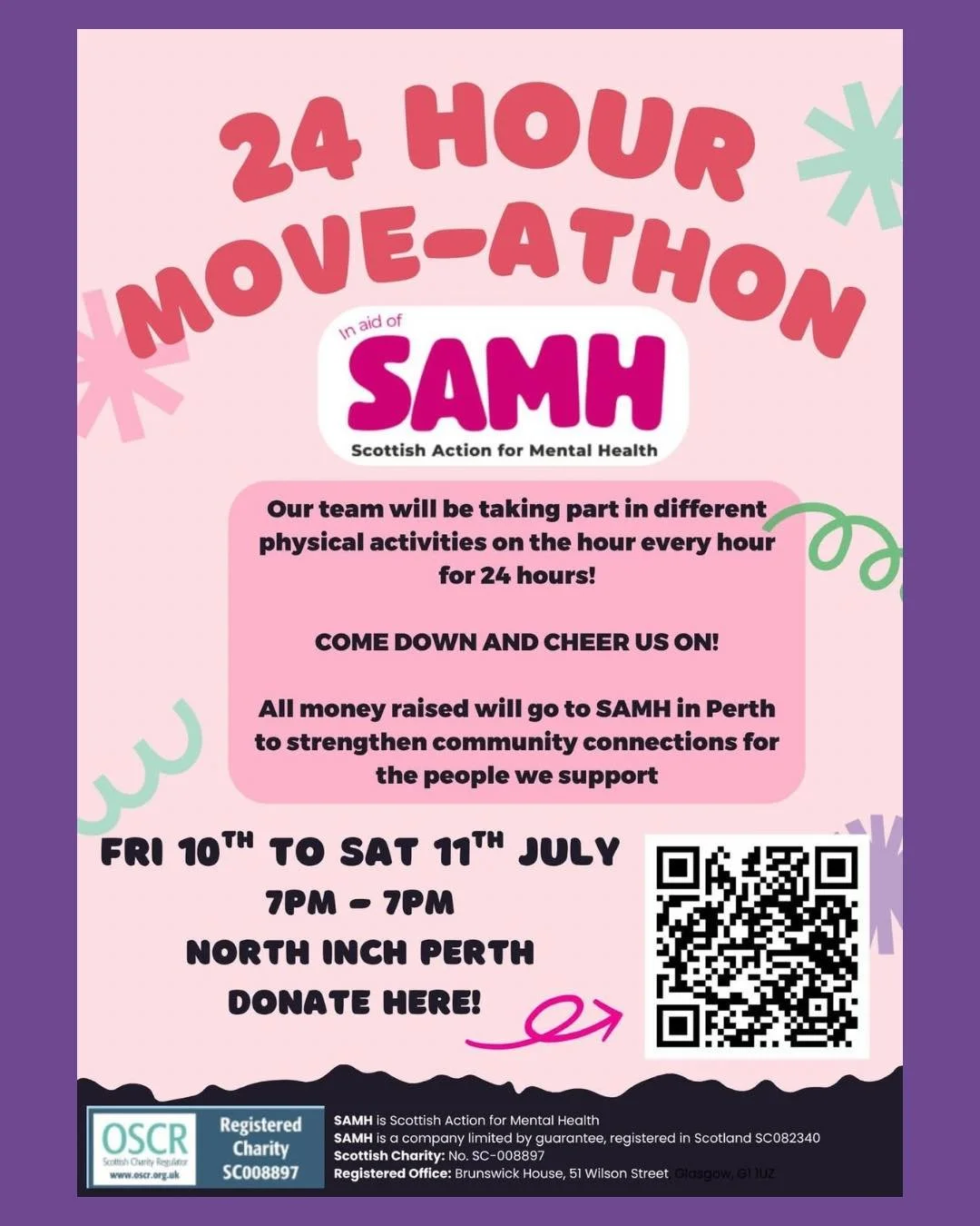 We are supporting SAMH and their 24 hour Move-a-thon at the North Inch!

🎪 Friday night at 8pm we will be hula hooping

🎪 Saturday afternoon at 3pm we will be juggling and at 4pm poi spinning! 

🥰 Come along and join in for FREE and support the wo