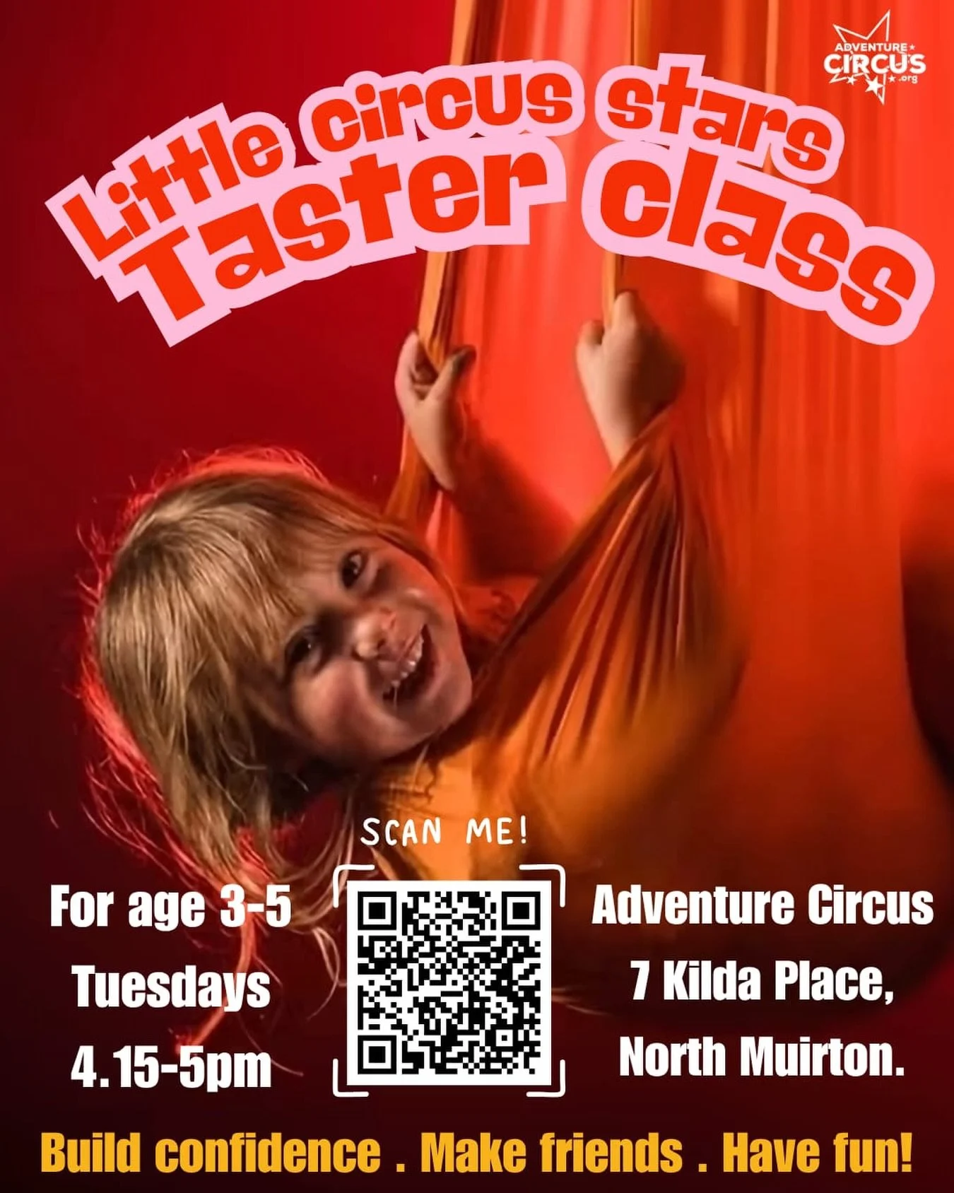 New class alert! 

We have 4 taster sessions for our new circus class for children aged 3-5 years!! 

Blending fun movement skills, balance and aerial hammock skills, specially created for young circus stars! 

September 15th, 22nd, 29th, and October