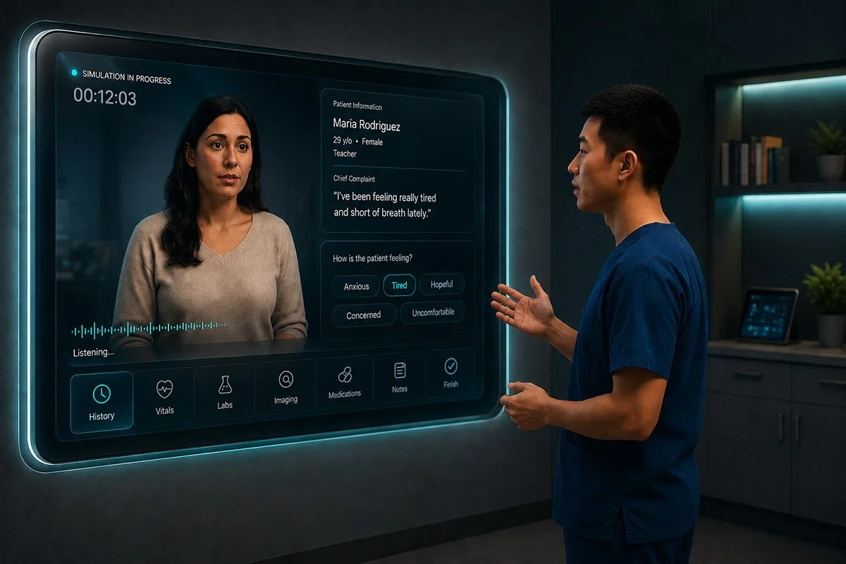 Image of a doctor wearing scrubs standing in front of a screen talking to a simulated patient
