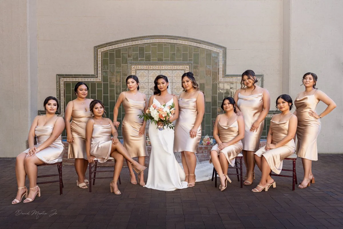 Bride and Bridesmaids in the courtyard at Padua Hills Theatre.