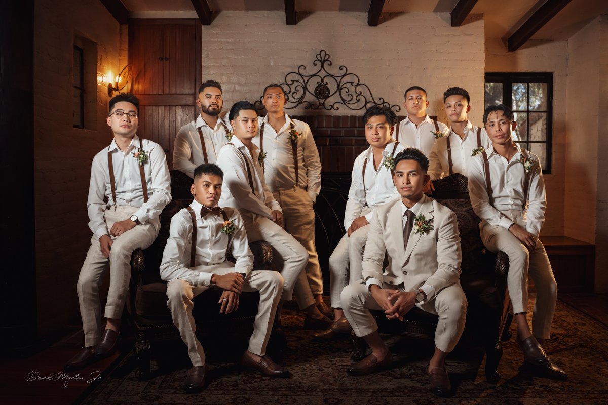 Groom and Groomsmen in the lounge at Padua Hills Theatre.