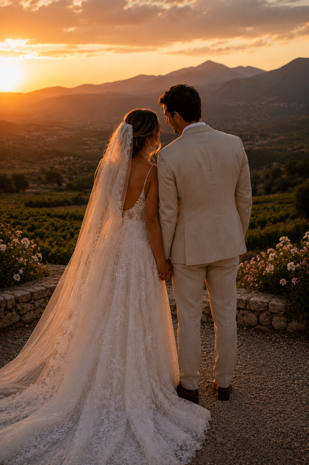 Bride and Groom in lace gown overlooking Valle de Guadalupe vineyards at sunset Baja California