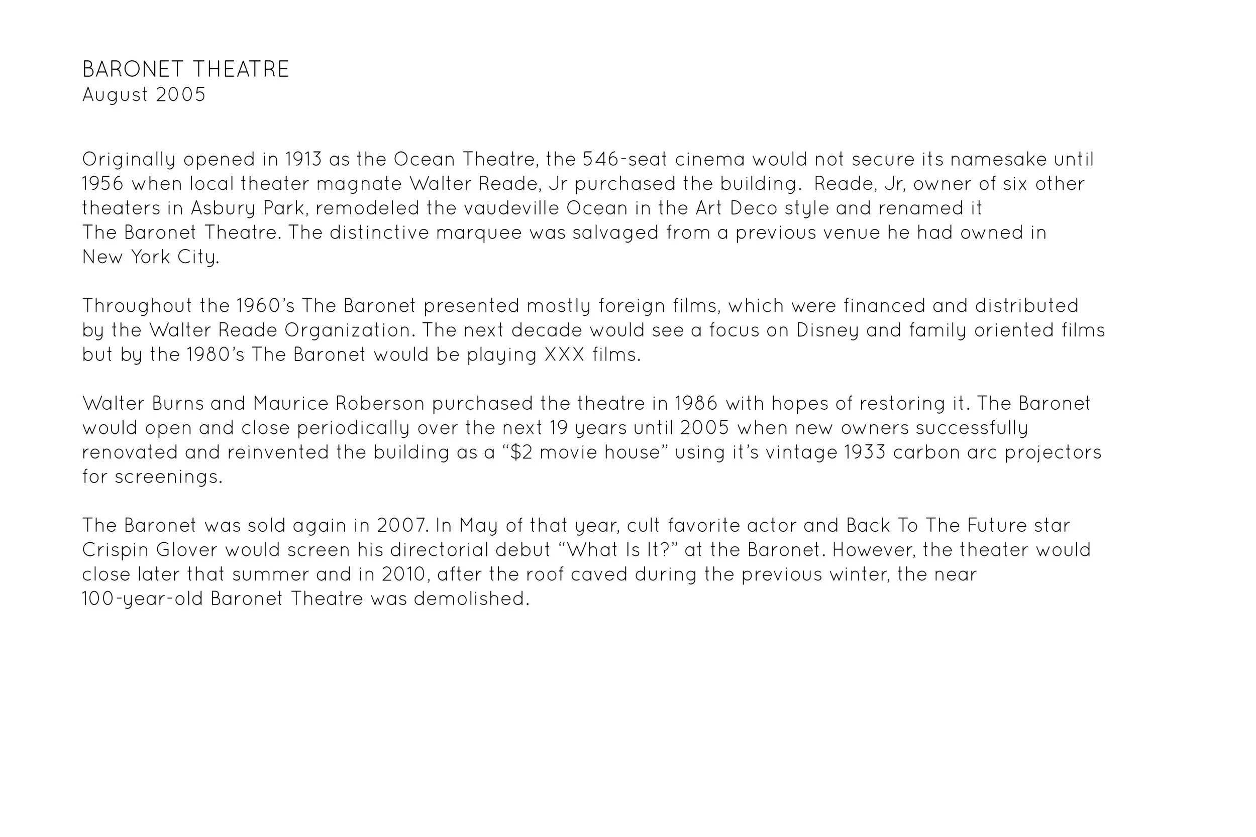 Landscape & architectural photographs of Asbury Park, NJ circa 2005-2008, and recent portraiture featuring eleven people who saw the city for more than empty streets and abandoned buildings - but a space to create.  NO MORE ASBURY PARK combines lands