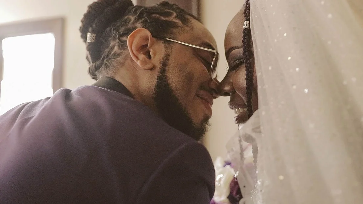 bride and groom rubbing noses