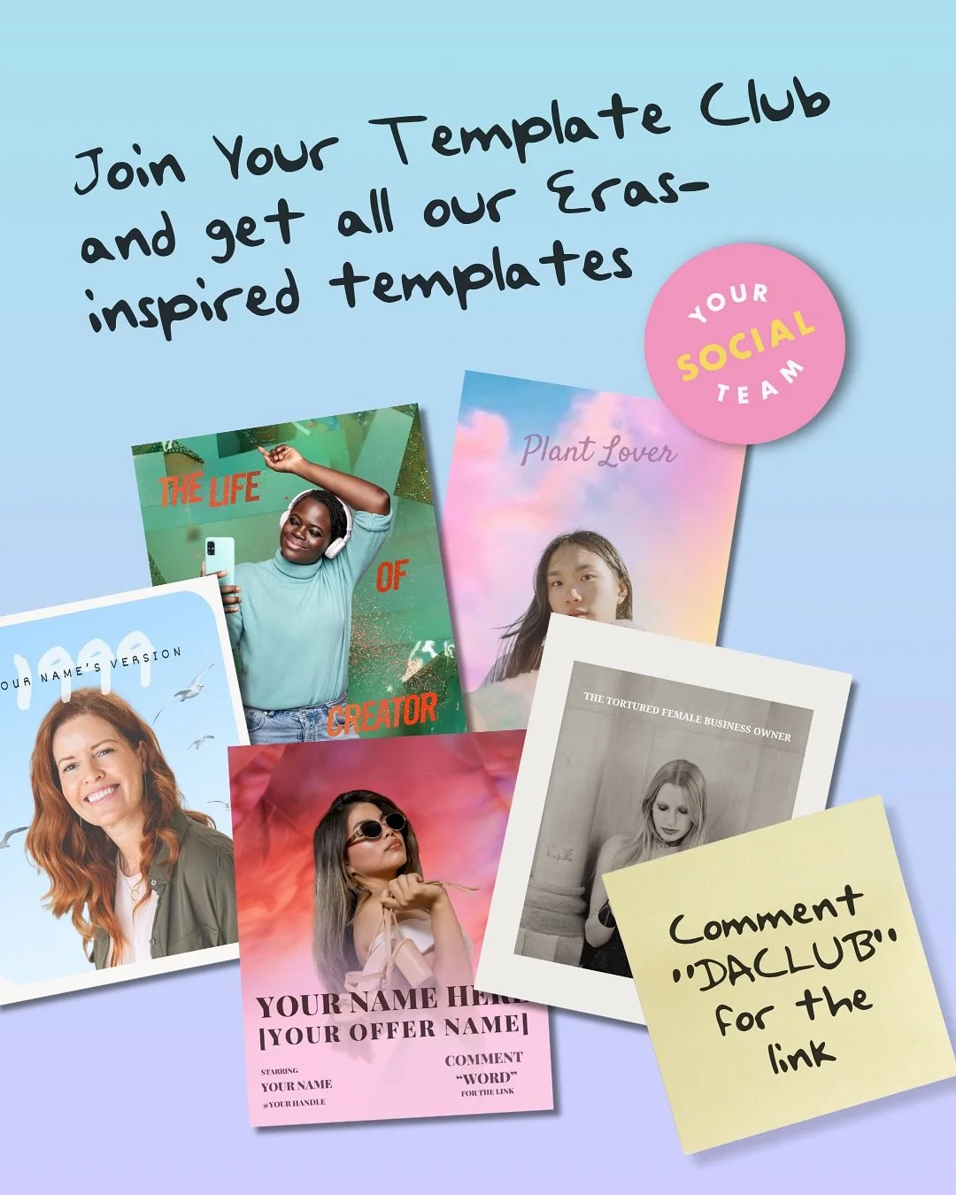Comment &ldquo;DACLUB&rdquo; to join our template membership and access these Canva templates inspired by different Taylor eras (available inside the Instagram &gt; Feed Posts category)! 🤩⁠
⁠
(25% off until Monday, Oct 6).