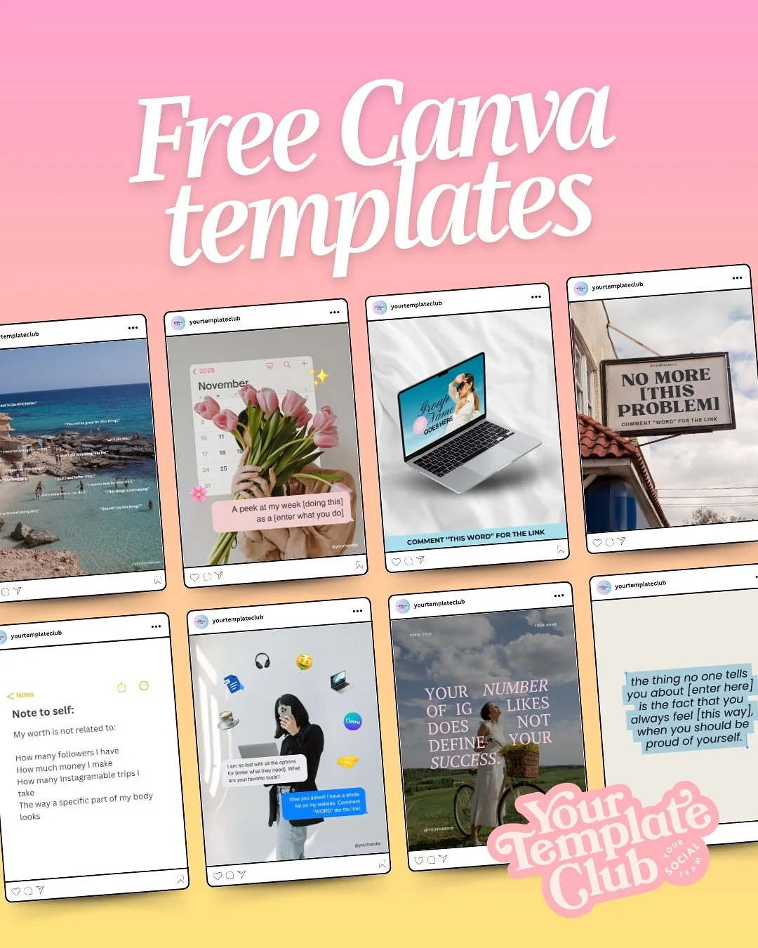 Comment &ldquo;10FREE&rdquo; and try out these gorgeous aesthetic Canva templates for Instagram.
Courtesy from our content membership @yourtemplateclub 🤩