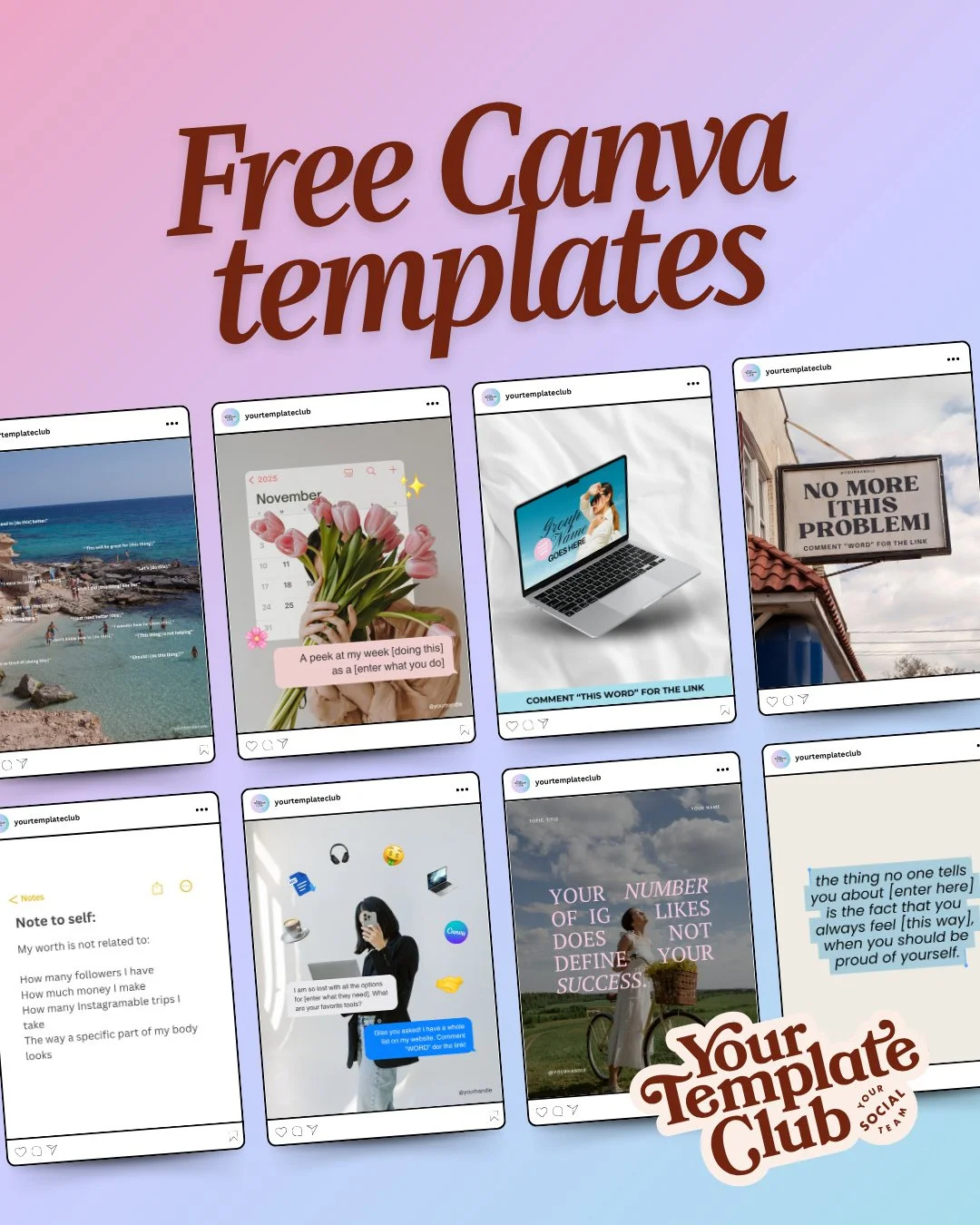 Comment &ldquo;10FREE&rdquo; and try out these gorgeous aesthetic Canva templates for Instagram.
Courtesy from our content membership @yourtemplateclub 🤩