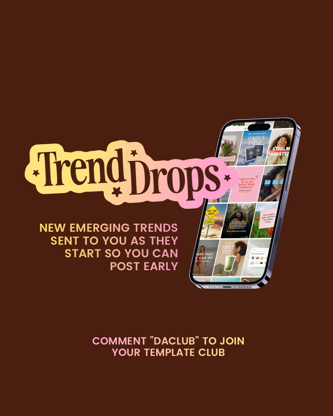 The trifecta of our content templates membership, @yourtemplateclub: ✨Trend Drops⁠
✨Monthly Content Packs⁠
✨Template Library⁠
⁠
You don't need to use all the templates (you don't use all the templates in Canva now, do you?). You just need to always h