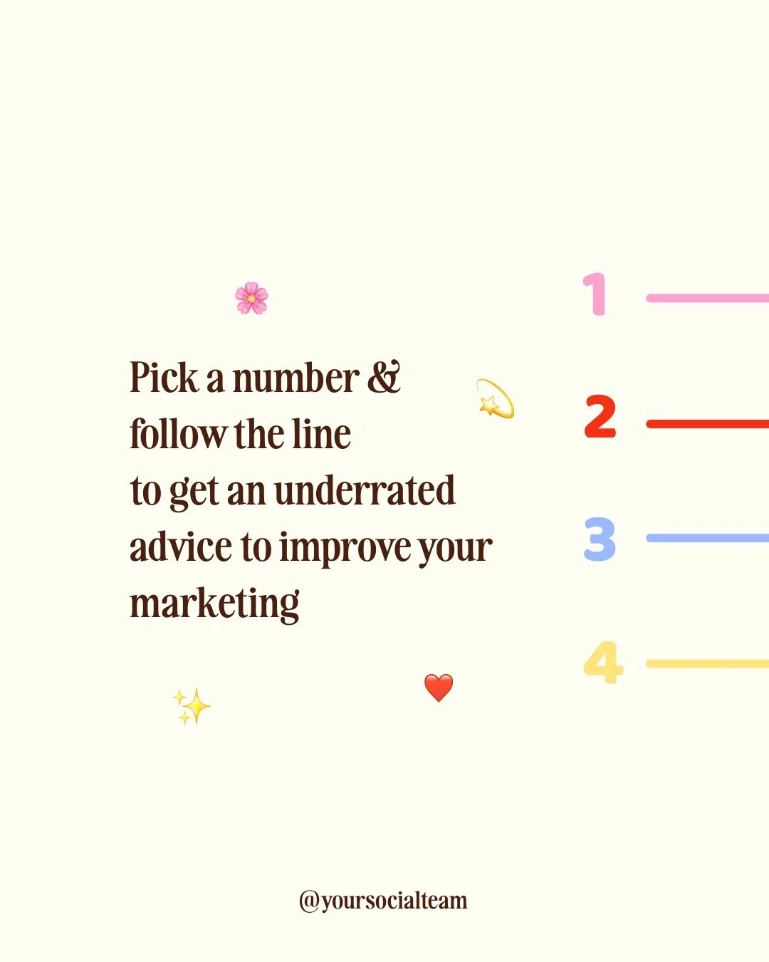 Pick a number to get a piece of advice that you may be missing out on! Which one did you get?⁠
⁠
PS: we shared this carousel with a different message earlier this month and got 779 shares (yes, shares is one of the most important metric for the algor