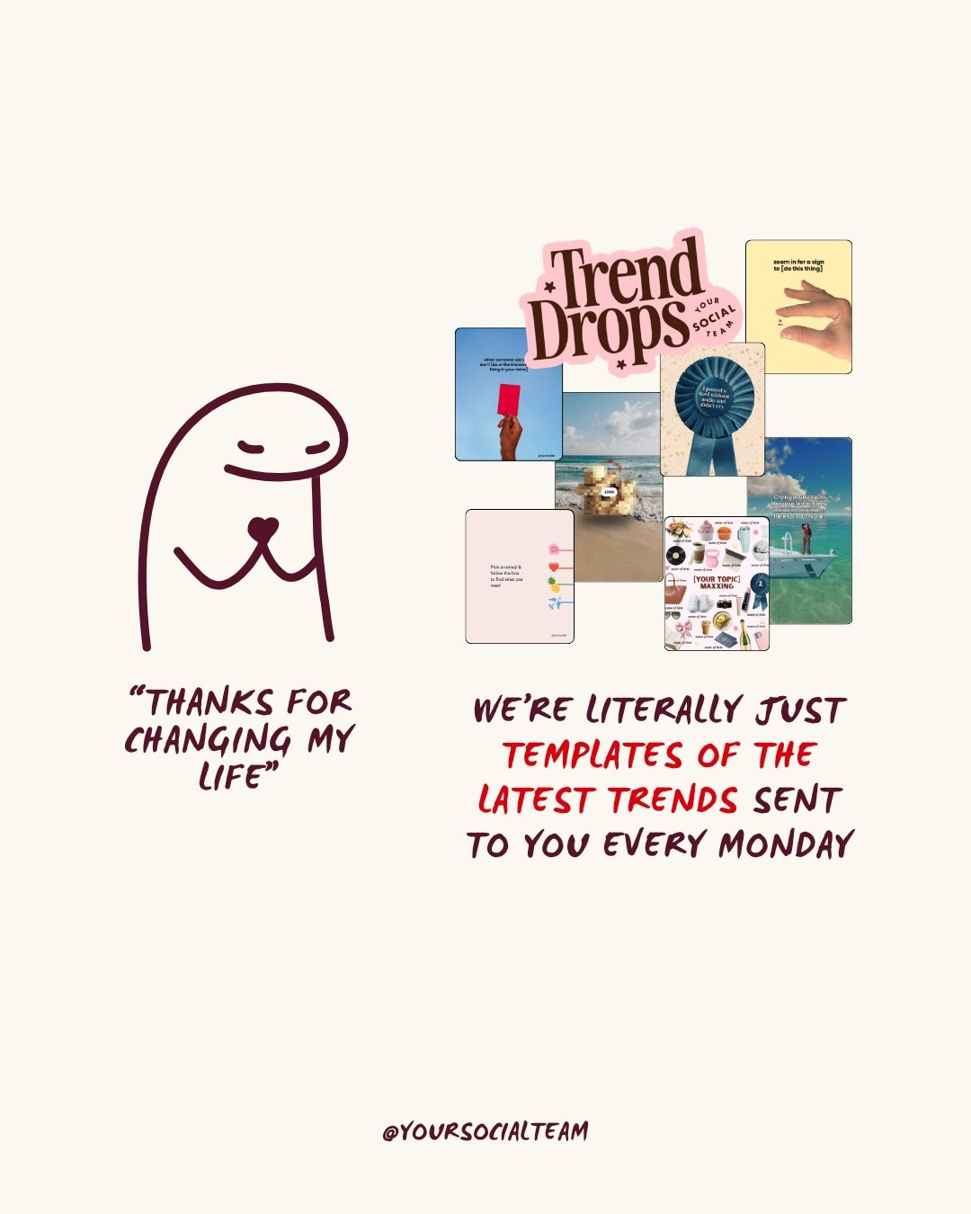 I don&rsquo;t want to be dramatic, but not having to worry about your content can be life changing.⁠
⁠
So how&rsquo;s about:⁠
⁠
👀 We track the trends, design them and send the templates to you.⁠
😎 You post early, get more engagement and move on wit