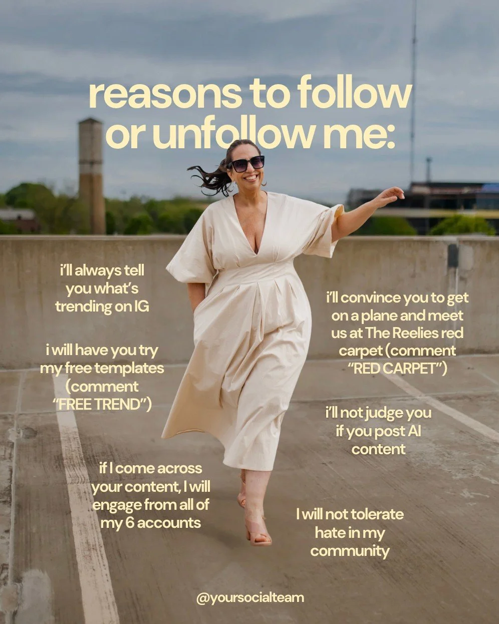 reasons to follow or unfollow me 💁&zwj;♀️⁠
⁠
✨ i'll always tell you what's trending on Instagram (keep your eye every monday for our weekly trends carousels)⁠
✨ i will have you try my free templates (comment "FREE TREND" and I'll send a co