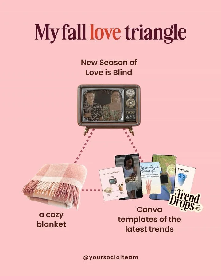 My fall love triangle is a silly show to watch in the background, a cozy blanket and brand new Canva templates of the latest trends every week, so I can customize and post in minutes!⁠
.⁠
This one is in the latest drop and you can access it now, plus