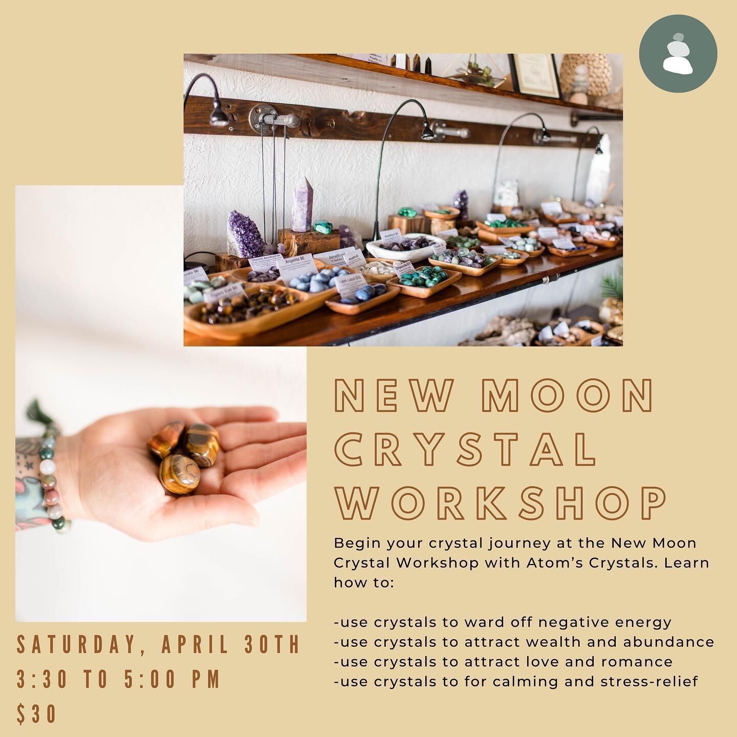 ✨ Begin your crystal journey at the&nbsp;New Moon Crystal Workshop&nbsp;with @atomscrystals ✨
Learn how to:

-use crystals to ward off negative energy
-use crystals to attract wealth and abundance
-use crystals to attract love and romance
-use crysta