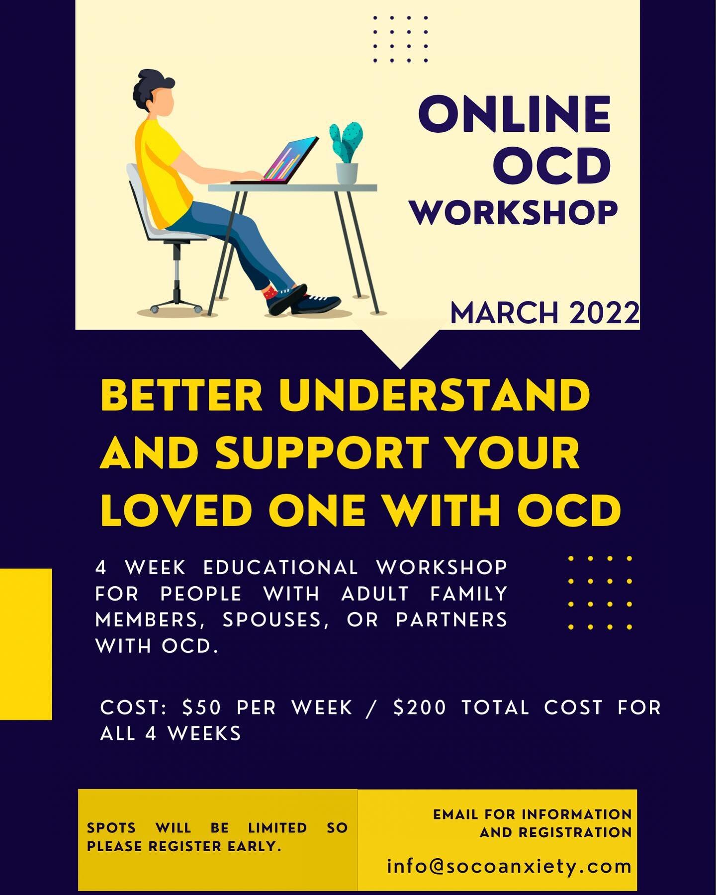 This is a 4 week online educational workshop geared toward those with adult family members, partners, or spouses with OCD. The goals of this workshop will be:⁣
⁣
-To better understand OCD⁣
-How to support a loved one with OCD⁣
-How to care for yourse
