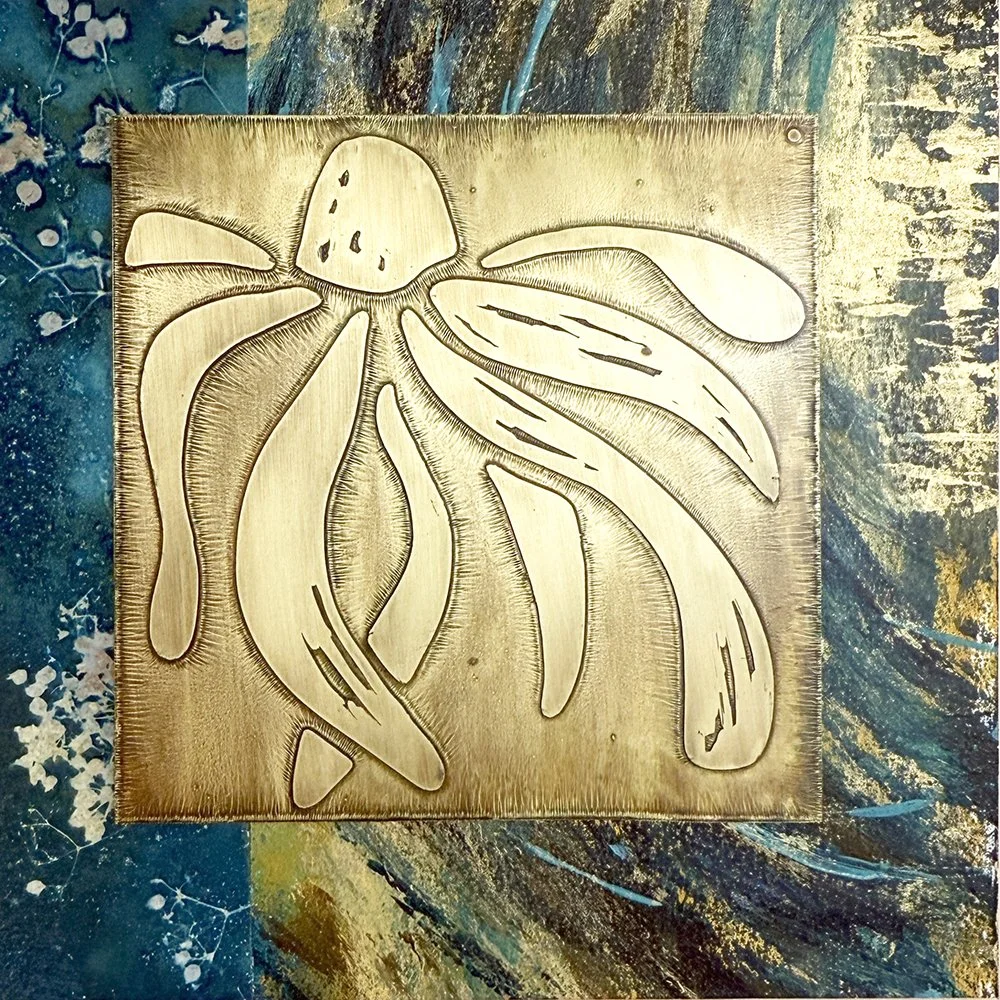 Coneflower
Mixed media featuring wet cyanotype, etched brass and acrylics 6"x6" (SOLD)